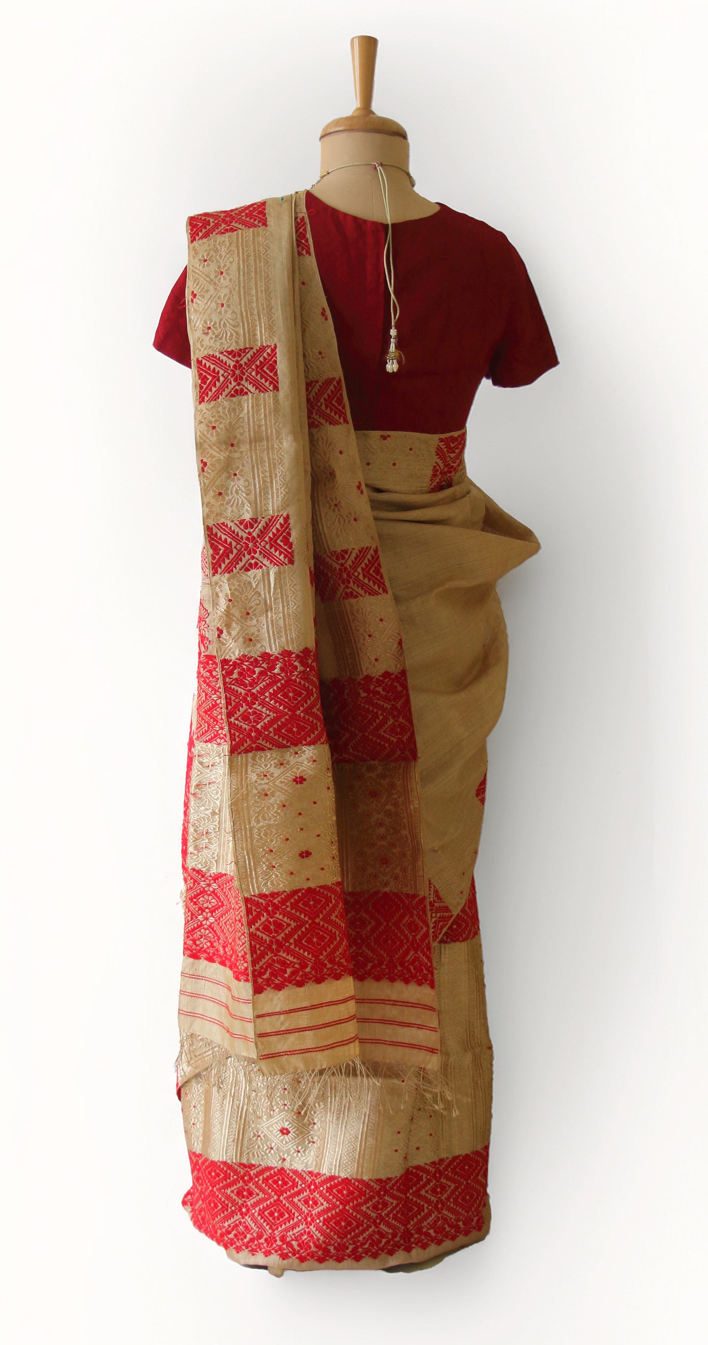 Bridal Classic Muga Silk Mekhla Chador Set in Red & Zari motifs from Assam -Made to Order
