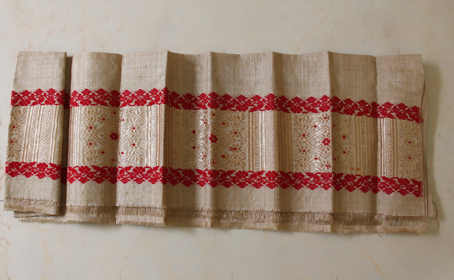 Bridal Classic Muga Silk Mekhla Chador Set in Red & Zari motifs from Assam -Made to Order