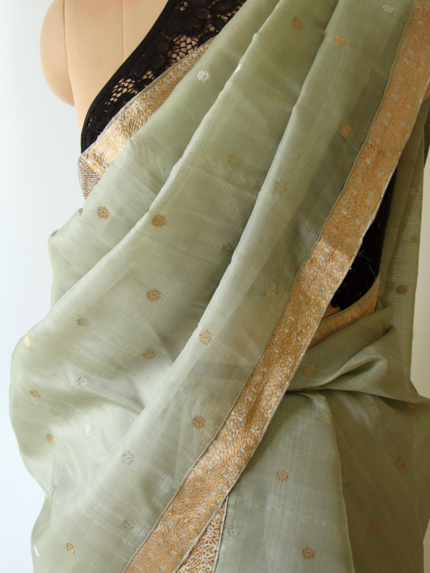Light Greyish Green Mulberry Silk Mekhla Chador Set
