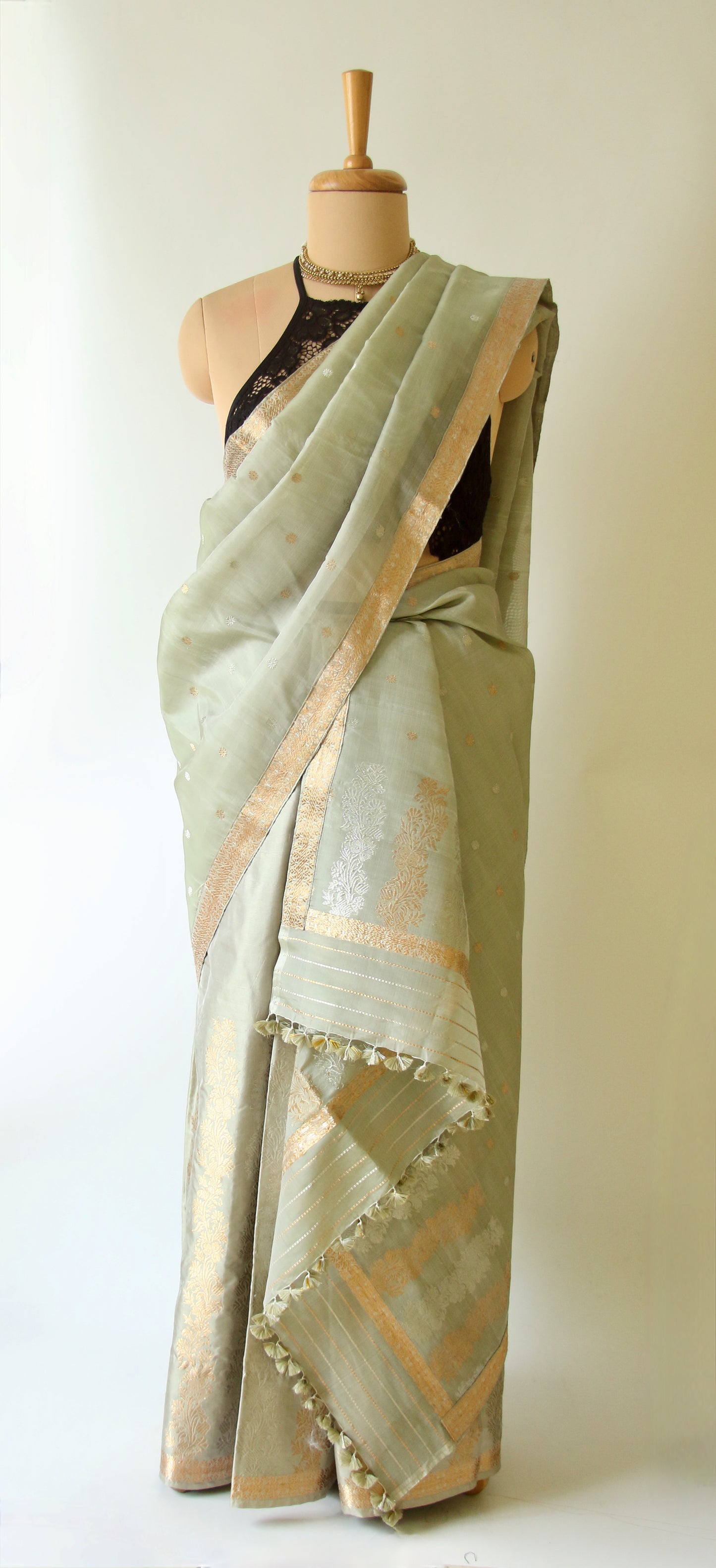Light Greyish Green Mulberry Silk Mekhla Chador Set