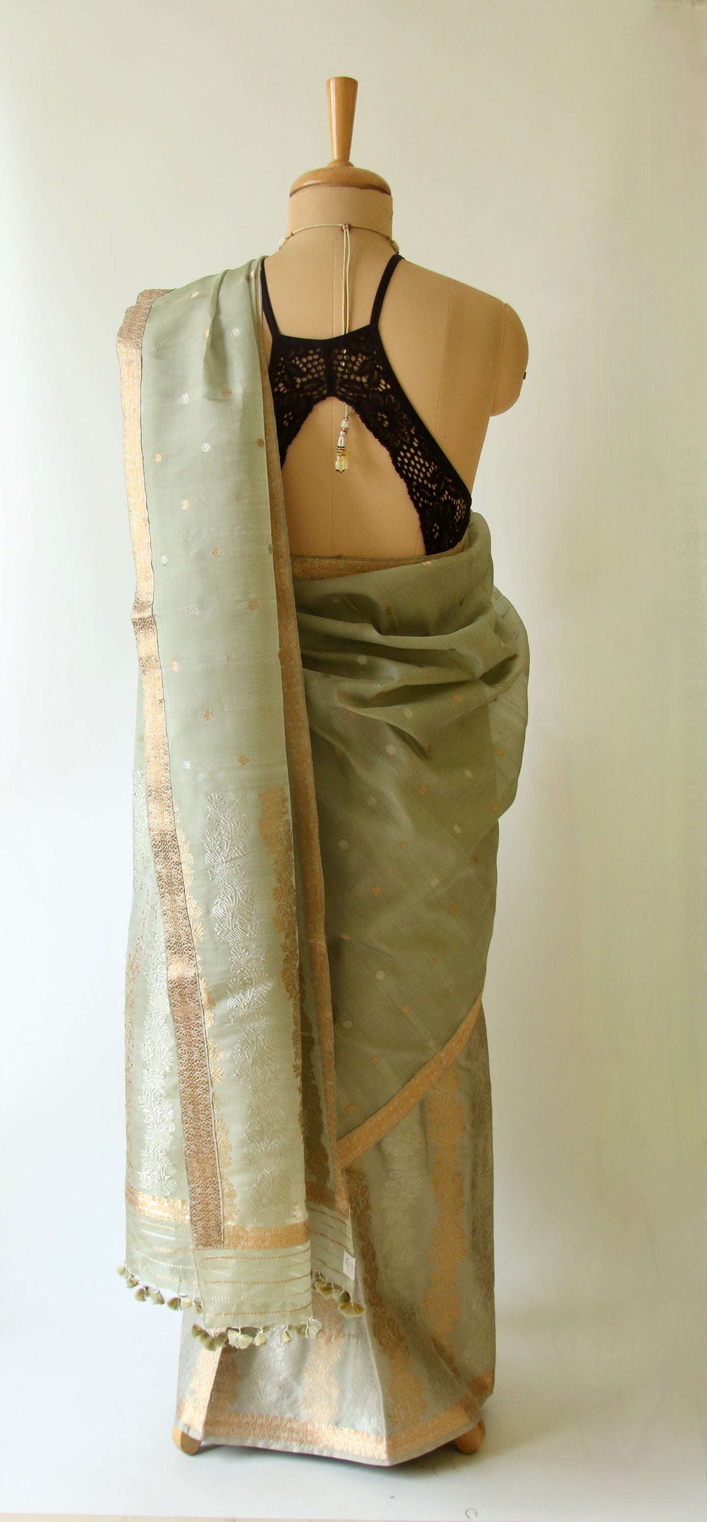 Light Greyish Green Mulberry Silk Mekhla Chador Set
