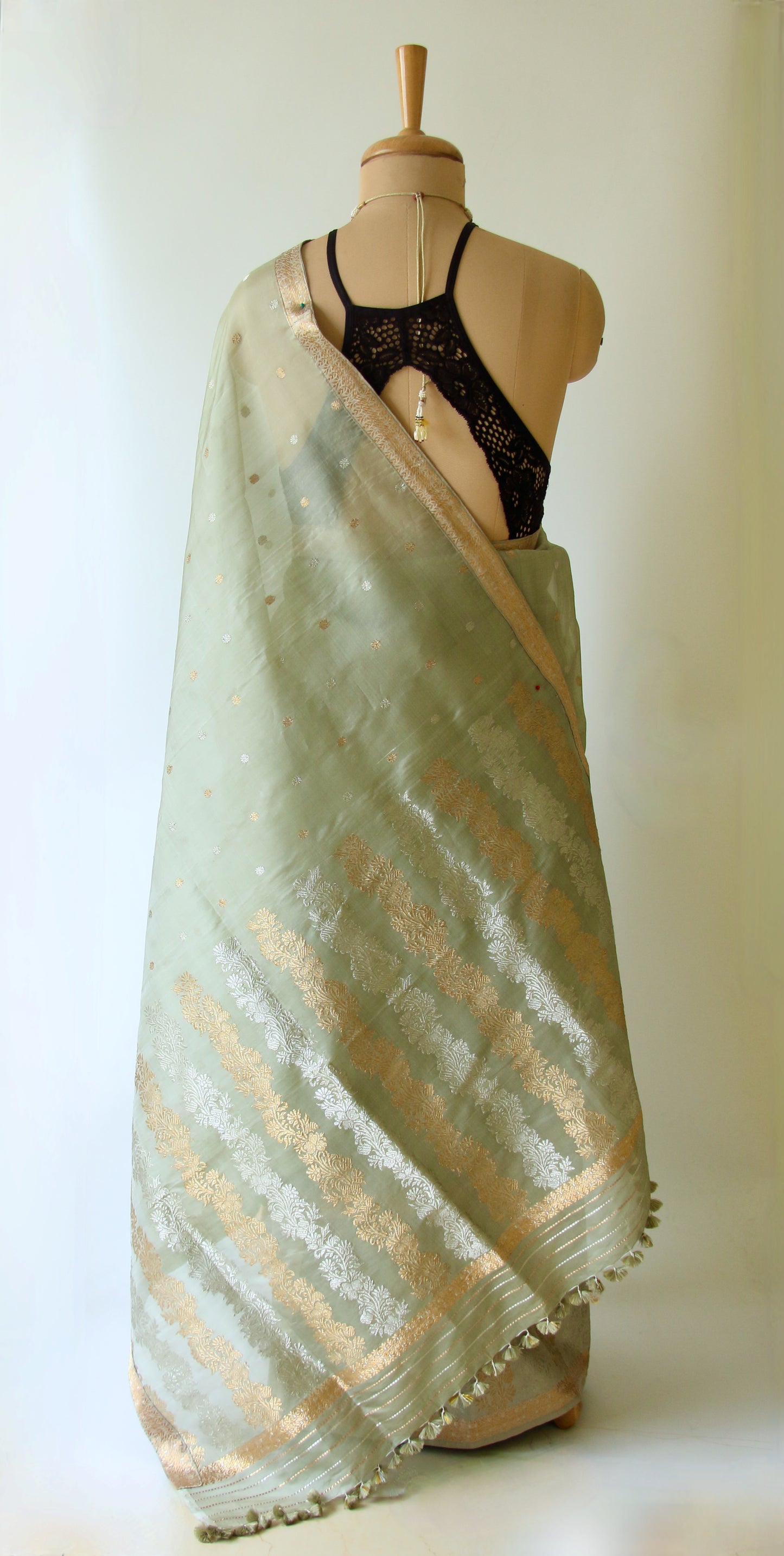 Light Greyish Green Mulberry Silk Mekhla Chador Set