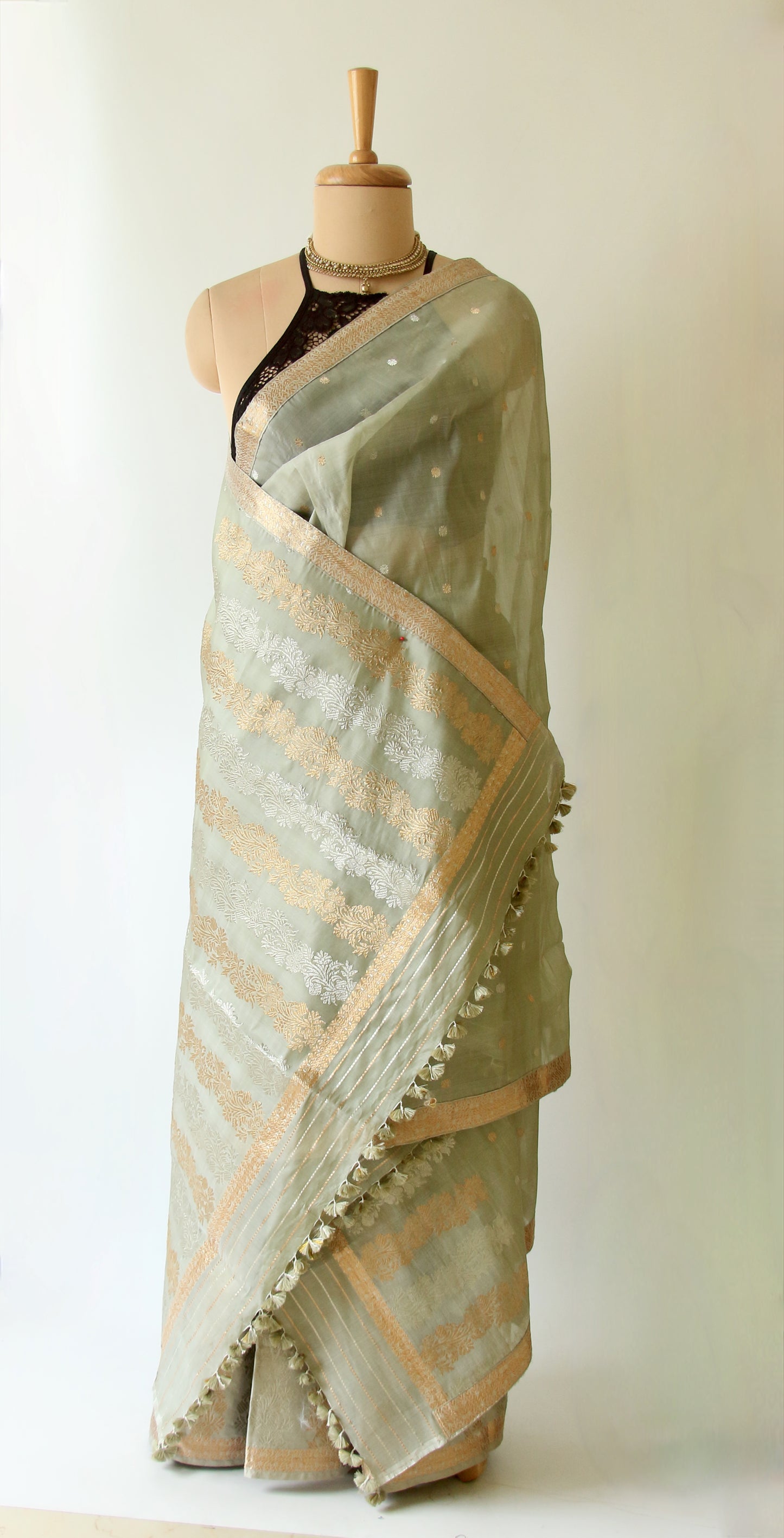 Light Greyish Green Mulberry Silk Mekhla Chador Set
