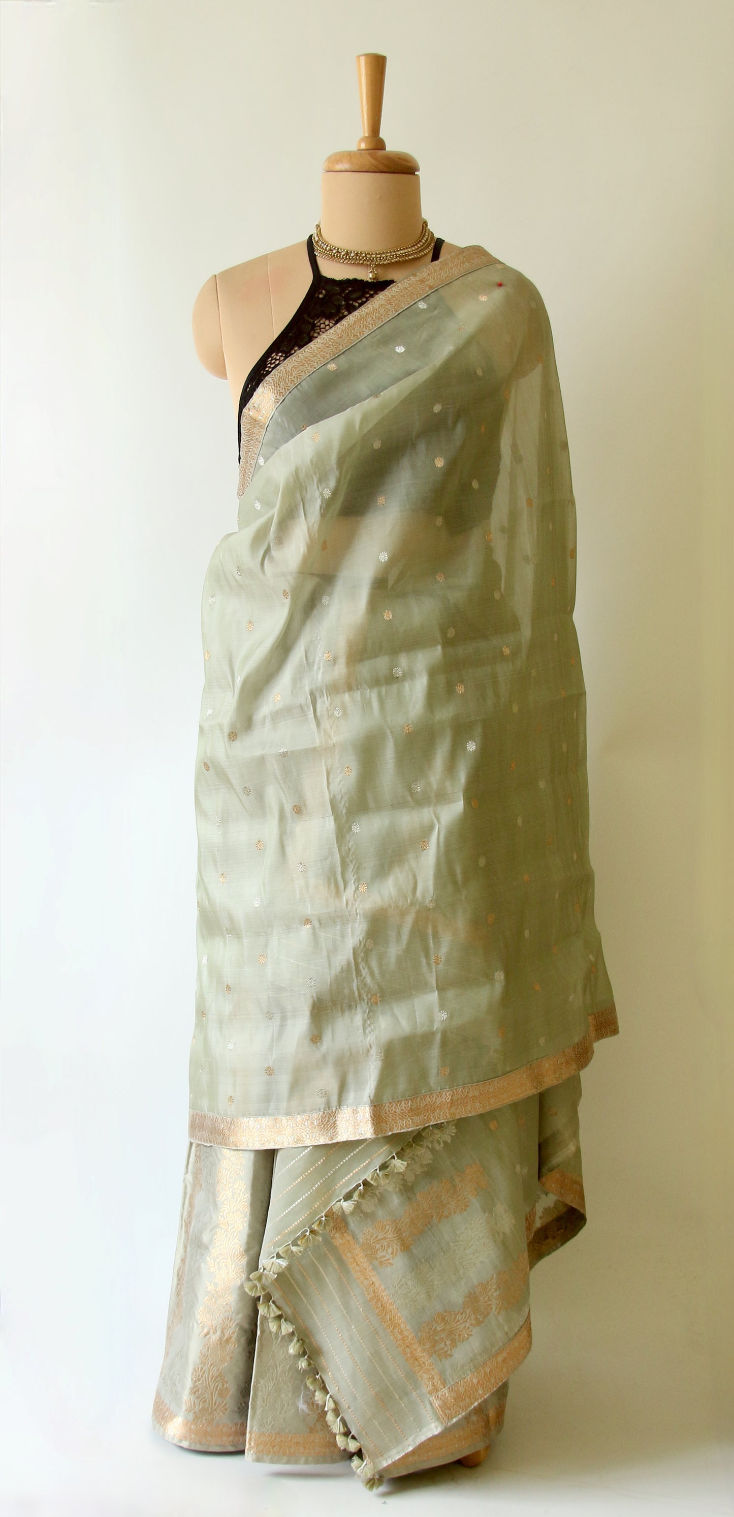 Light Greyish Green Mulberry Silk Mekhla Chador Set