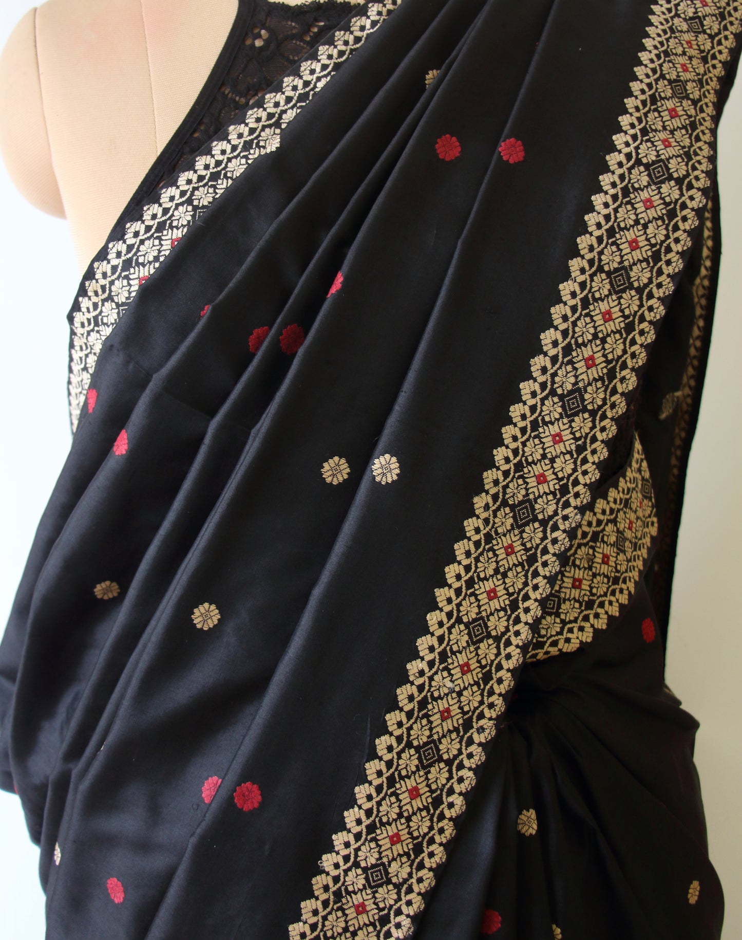 Exclusive Black Natural Dyed Mulberry Silk Saree from Assam