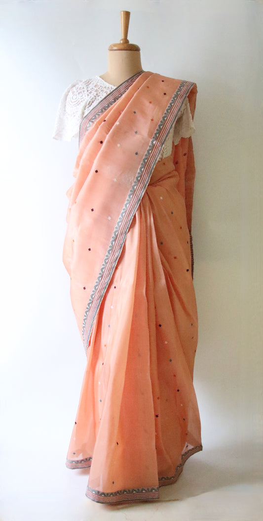 Soft Peach Handloom Mulberry Silk / Organza Saree from Assam