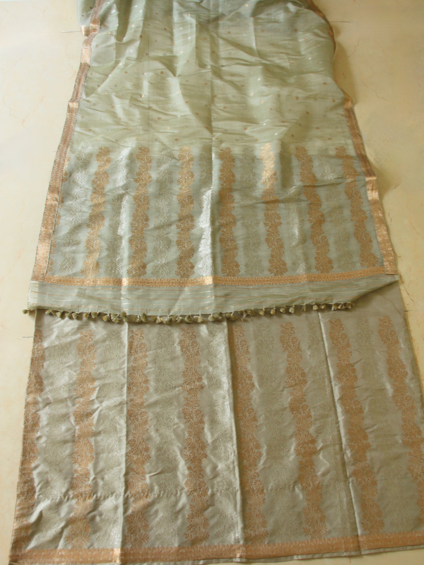 Light Greyish Green Mulberry Silk Mekhla Chador Set