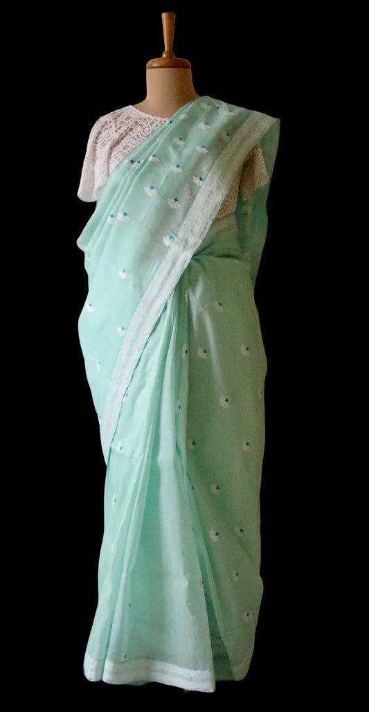 Soft Sea Green Handloom Mulberry Silk / Organza Saree from Assam