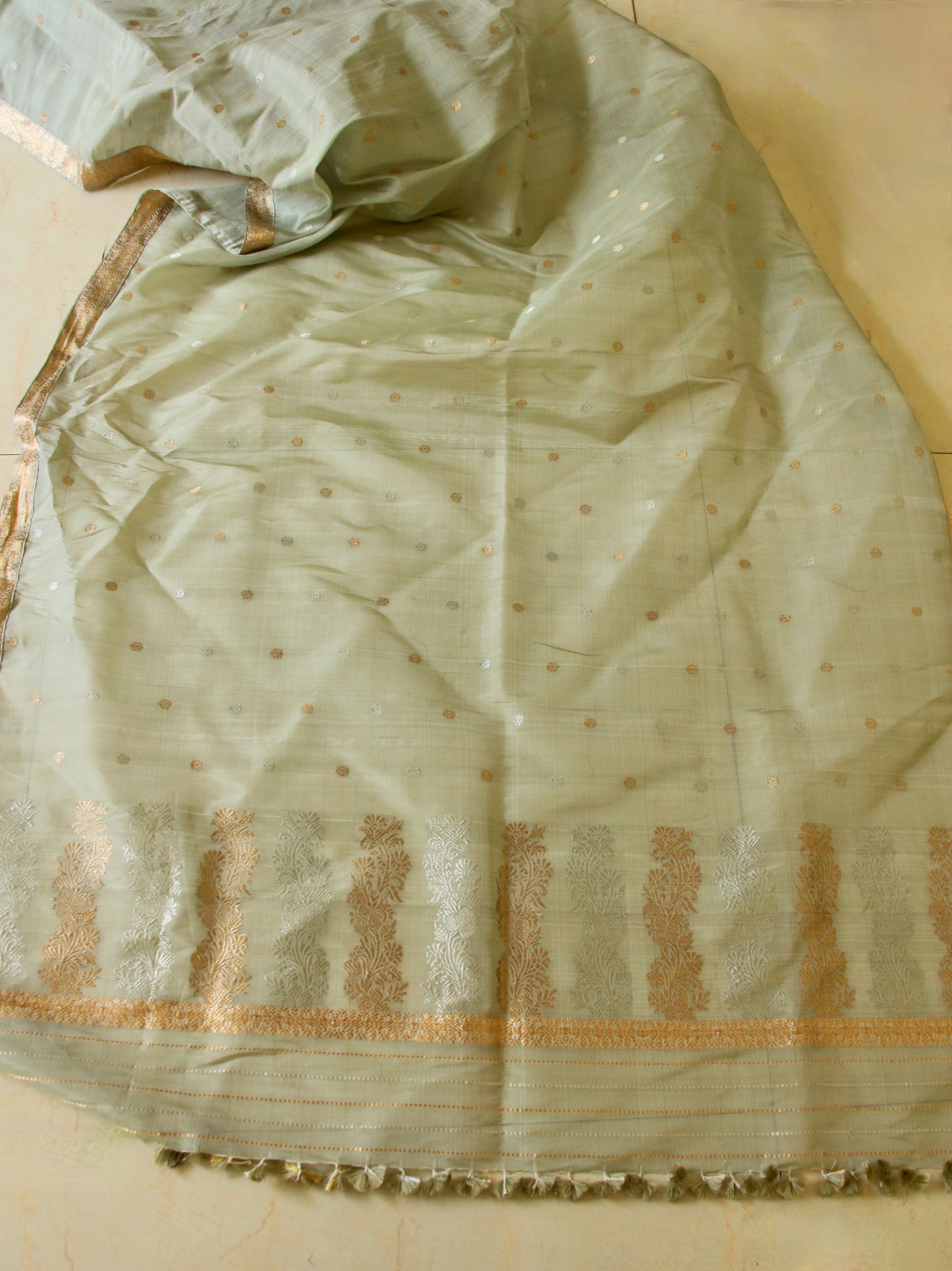 Light Greyish Green Mulberry Silk Mekhla Chador Set