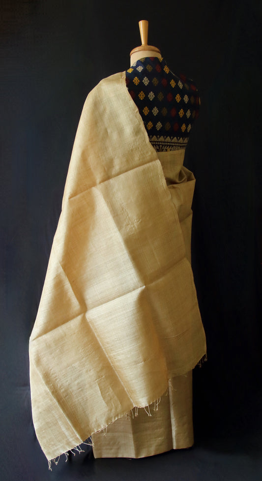 Plain Muga Silk Mekhla Chador Set with contrast Blouse in Indigo