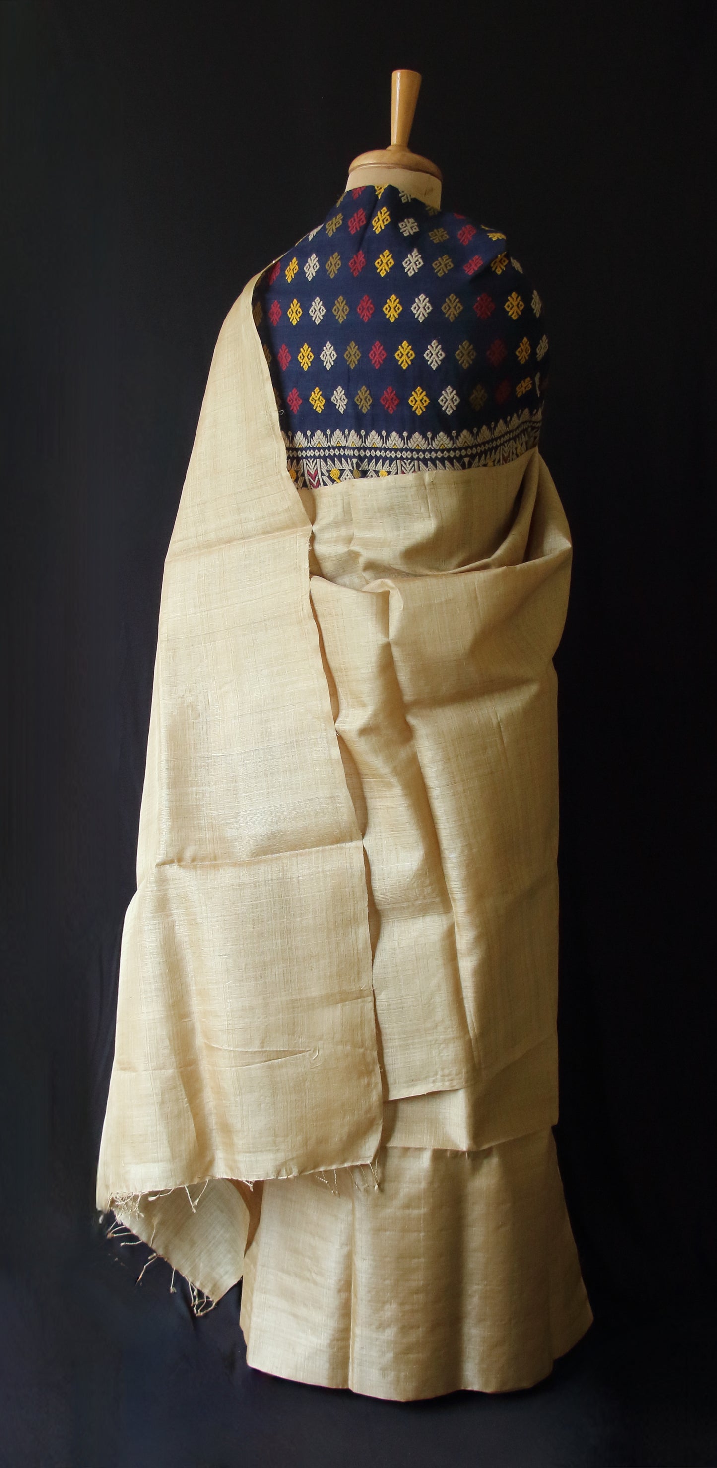 Plain Muga Silk Mekhla Chador Set with contrast Blouse in Indigo