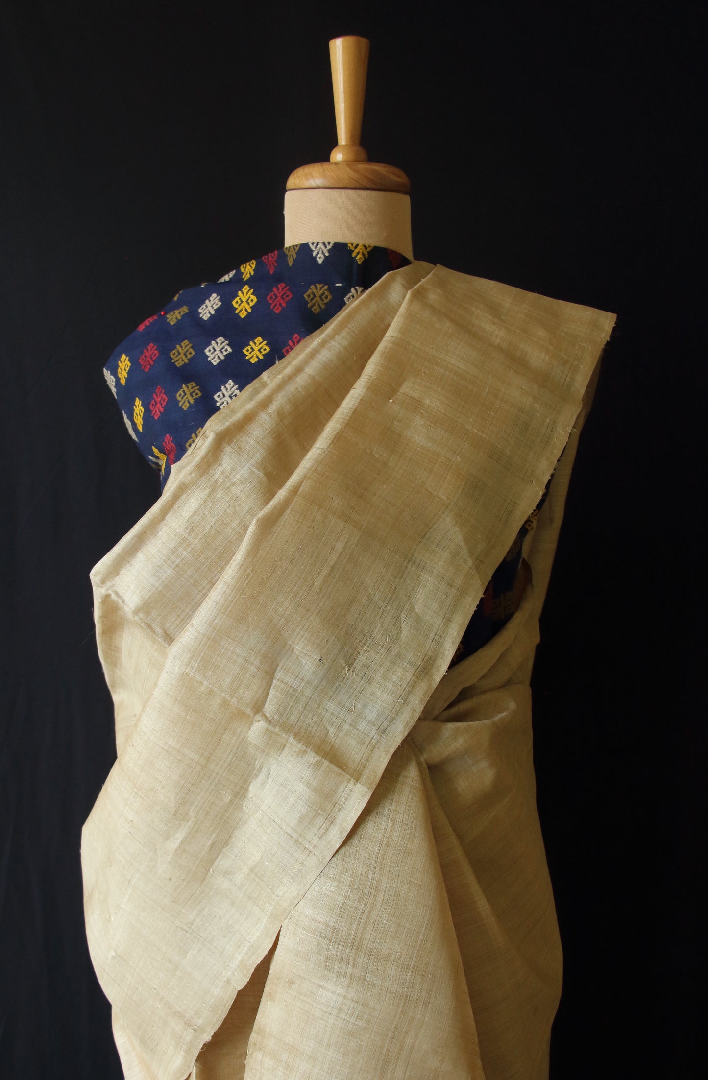 Plain Muga Silk Mekhla Chador Set with contrast Blouse in Indigo