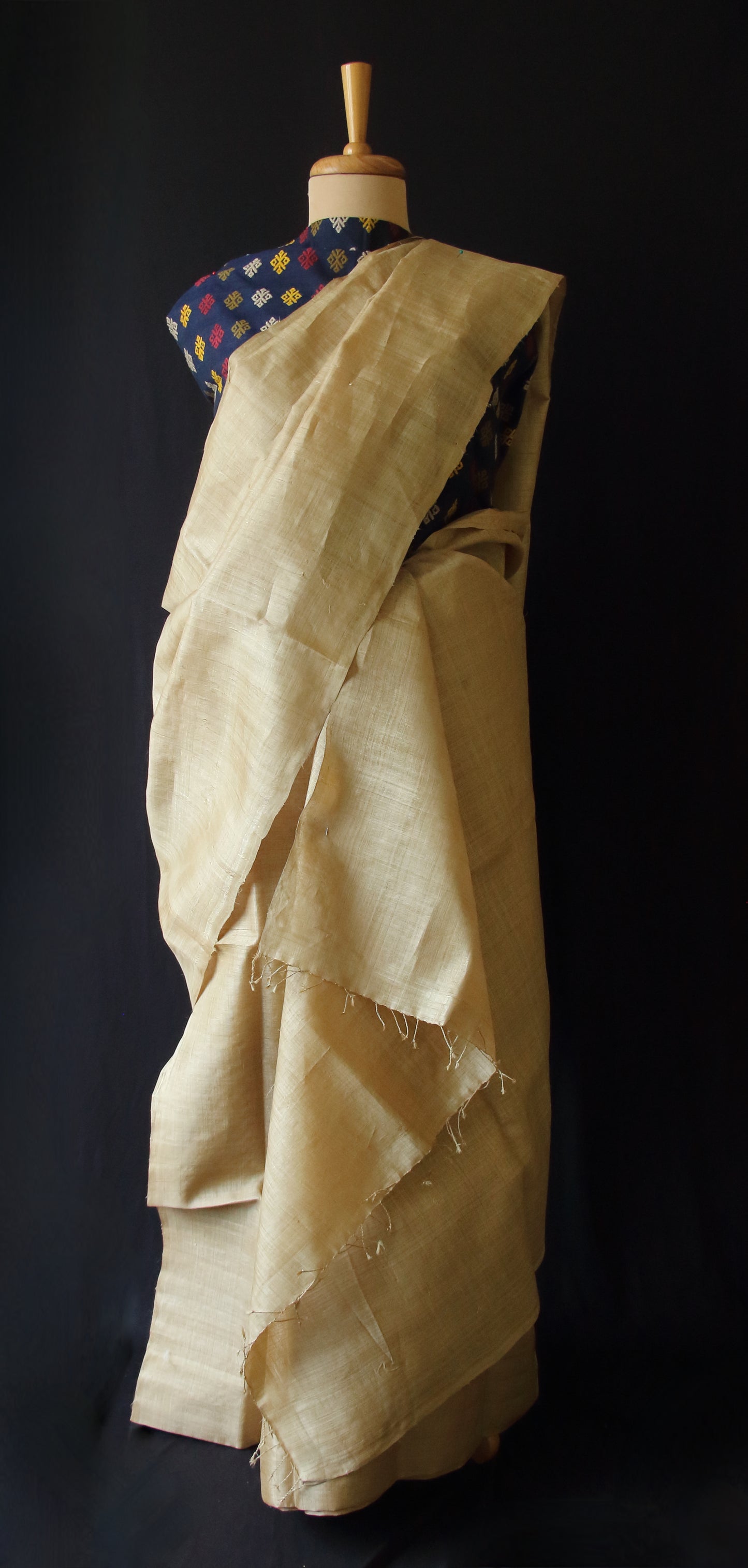 Plain Muga Silk Mekhla Chador Set with contrast Blouse in Indigo