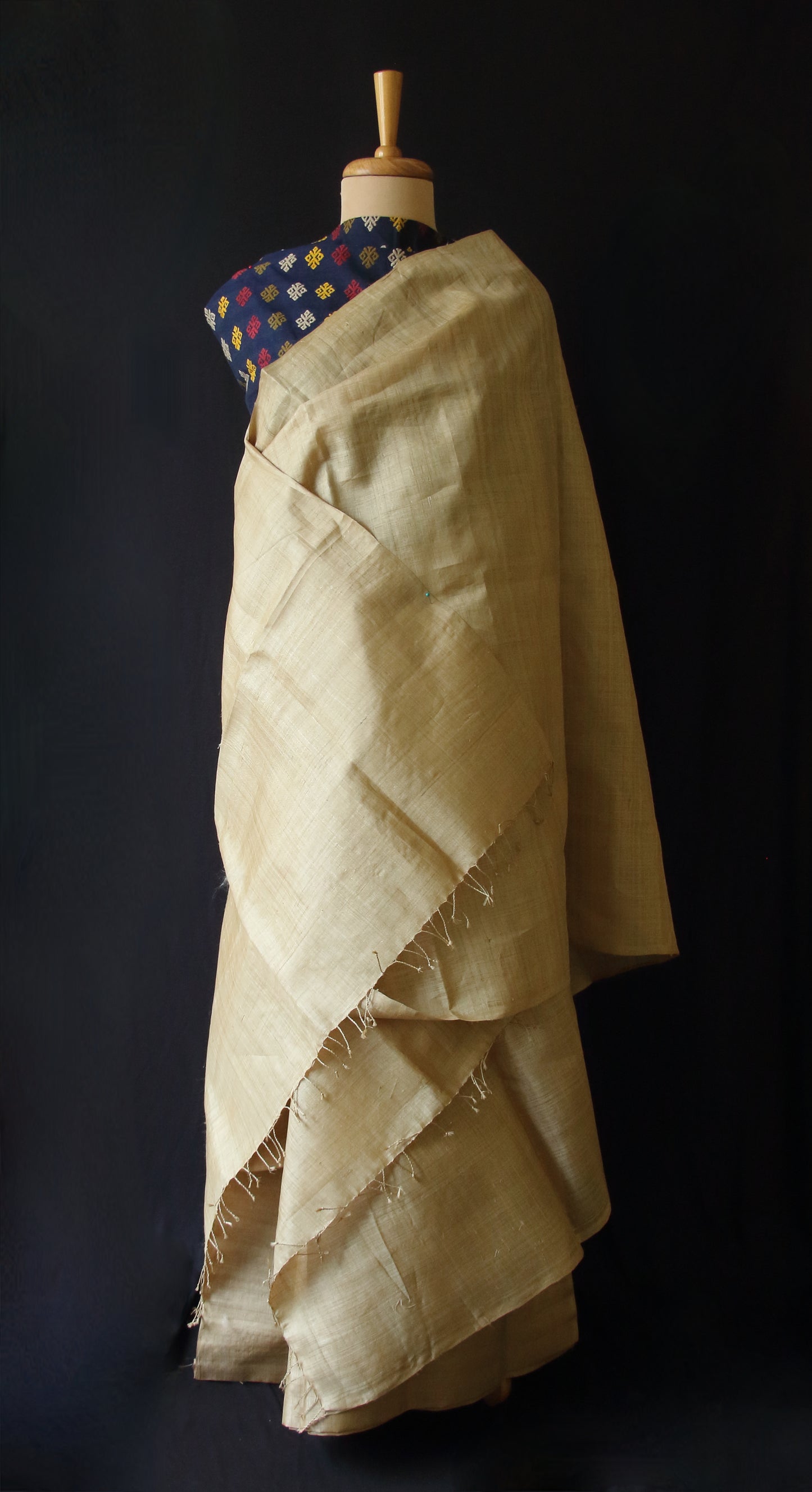 Plain Muga Silk Mekhla Chador Set with contrast Blouse in Indigo