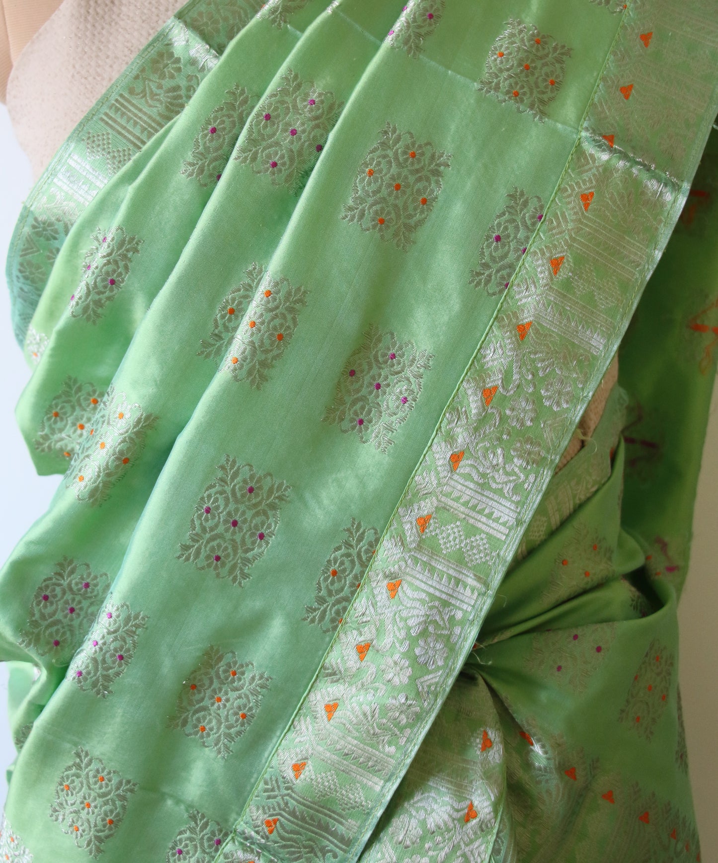 Light Pista Green Mulberry Silk Mekhla Chador Set