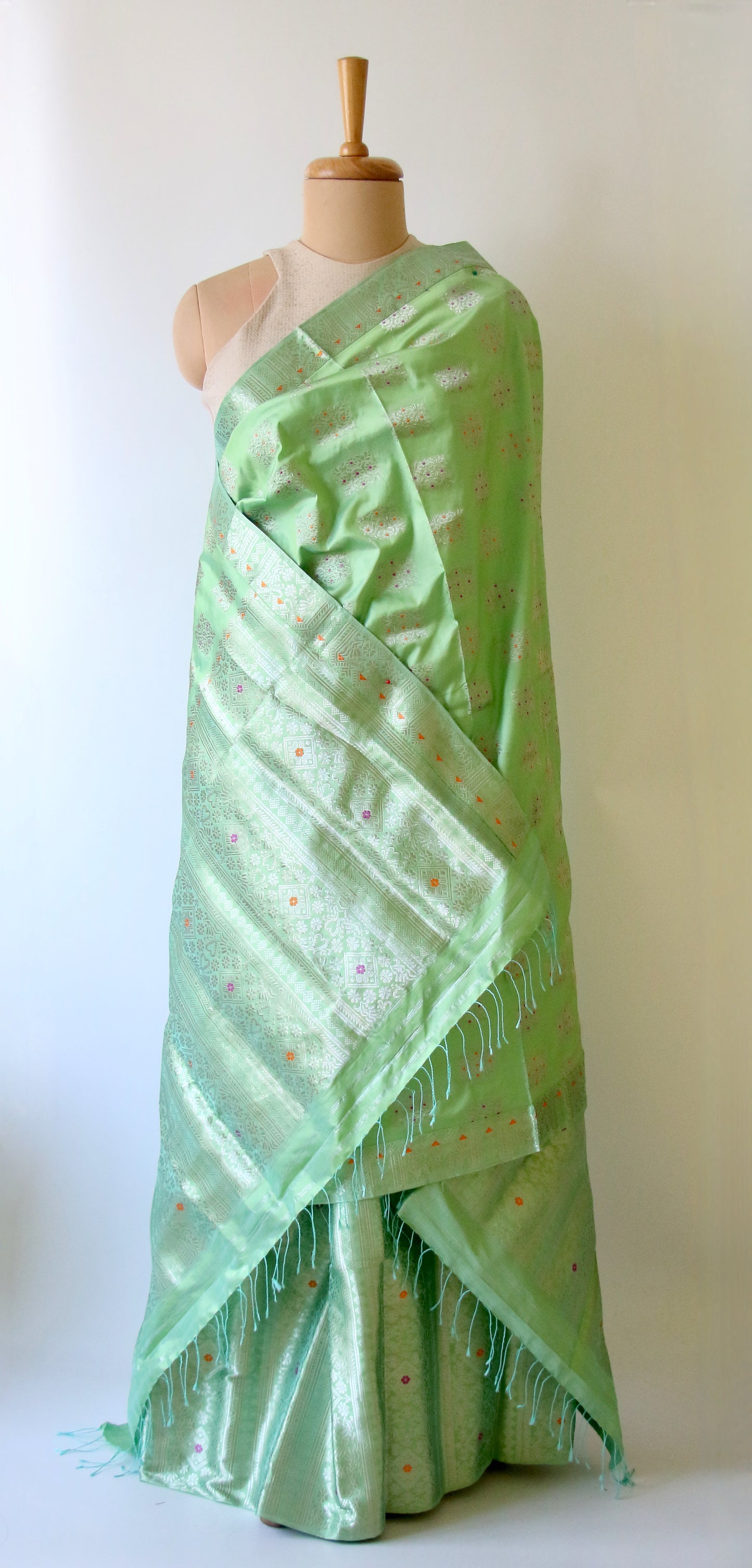 Light Pista Green Mulberry Silk Mekhla Chador Set