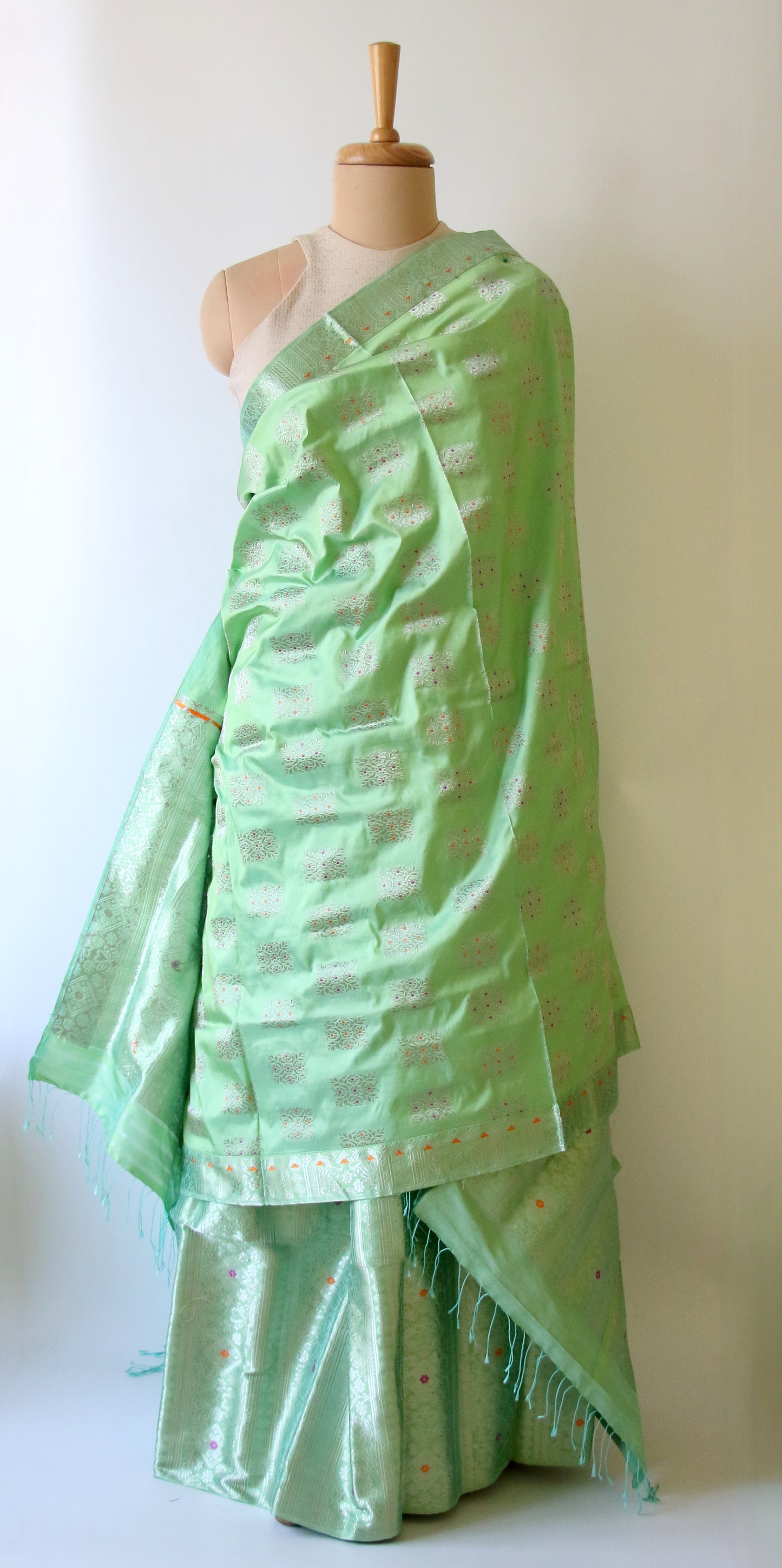 Light Pista Green Mulberry Silk Mekhla Chador Set