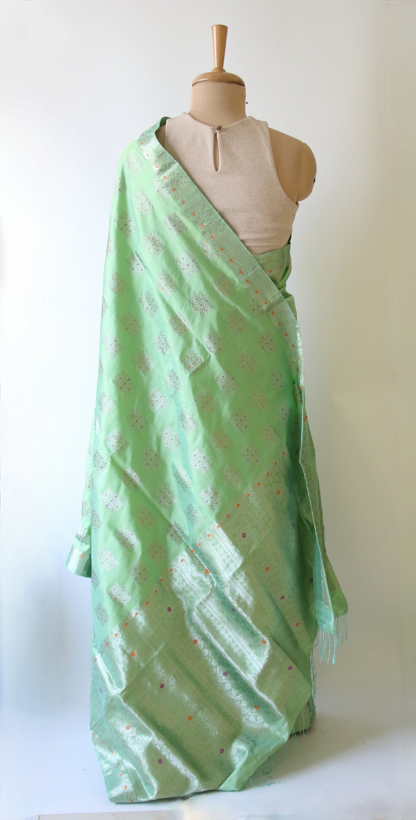 Light Pista Green Mulberry Silk Mekhla Chador Set