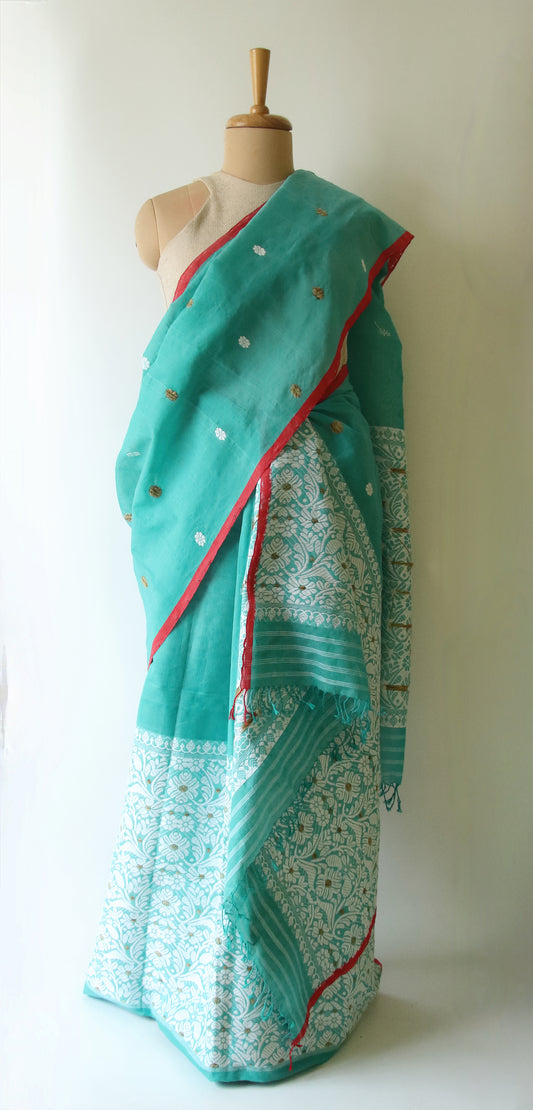 Teal Blue Cotton Silk Mekhela Chador Set