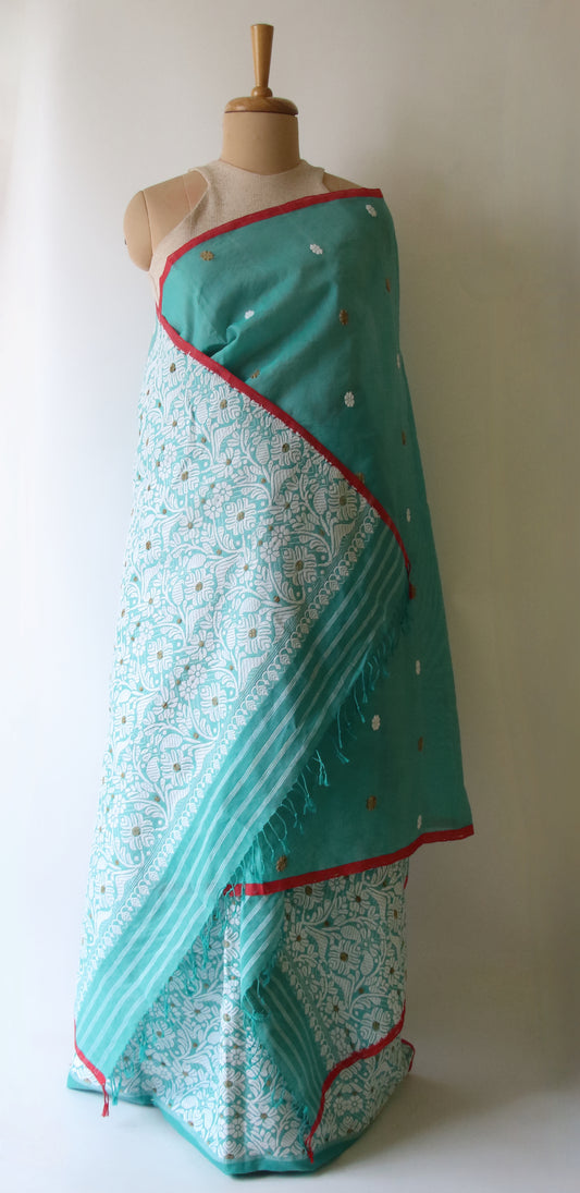 Teal Blue Cotton Silk Mekhela Chador Set