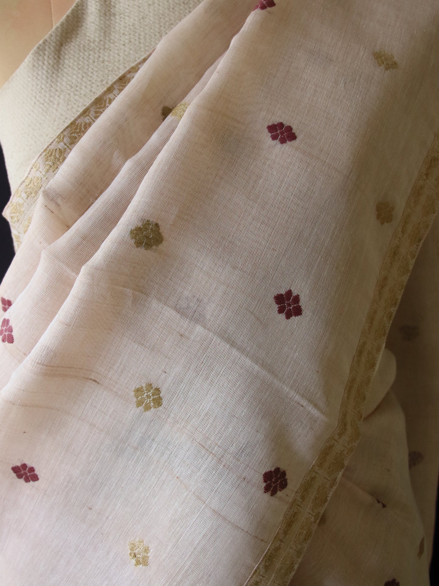 Natural Dyed Light Peach Cotton Silk Handloom Mekhela Chador Set