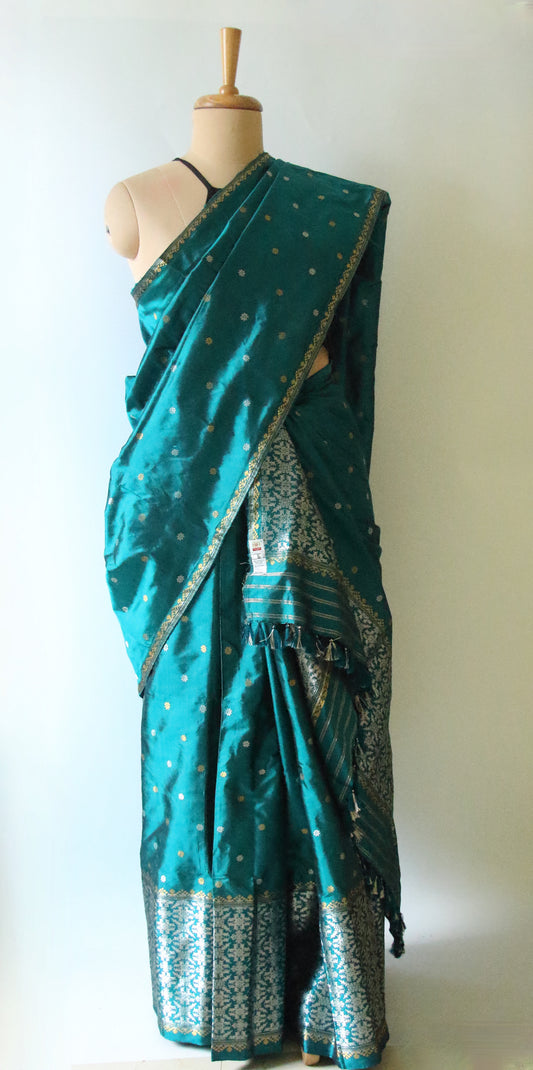 Ferozi Green Handloom Mulberry Silk Mekhla Chador Set from Assam