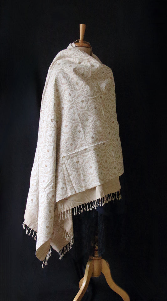 Natural Beige Colour all over patterned Eri Silk Shawl from Assam