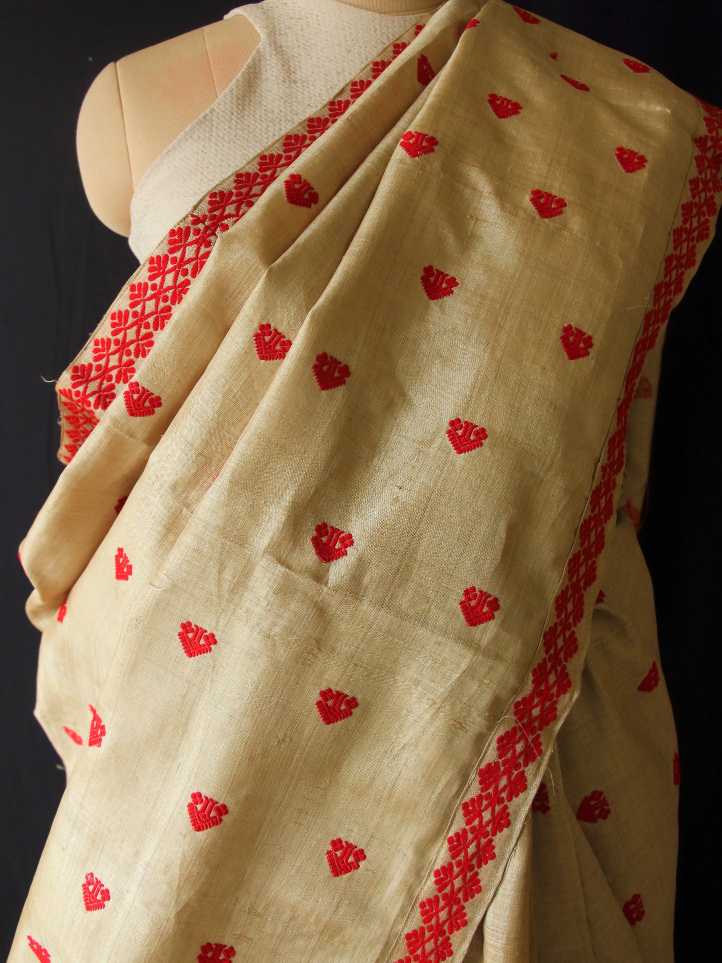 Muga Silk Saree in classic red motifs from Assam , India