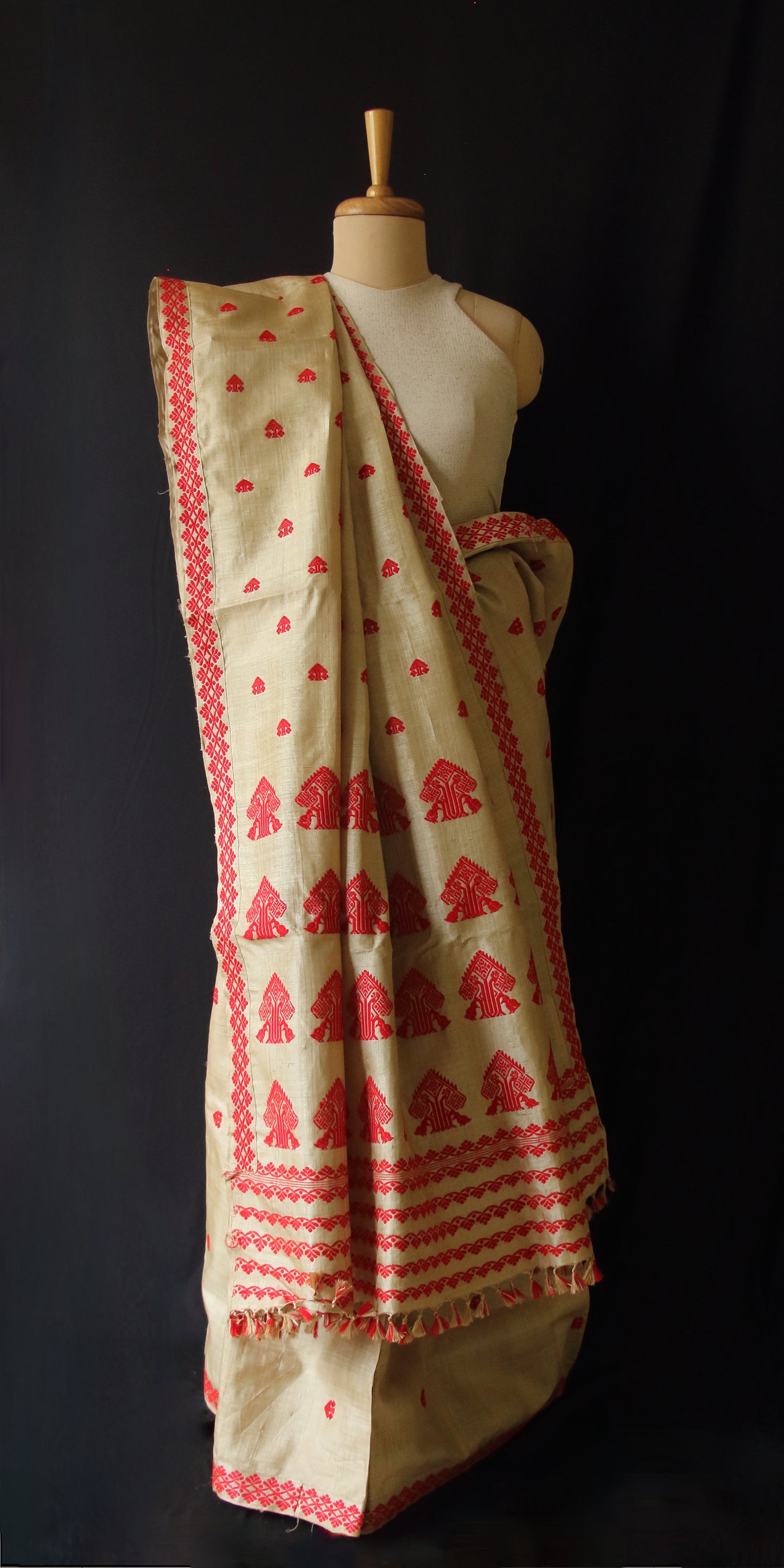 Muga Silk Saree in classic red motifs from Assam , India