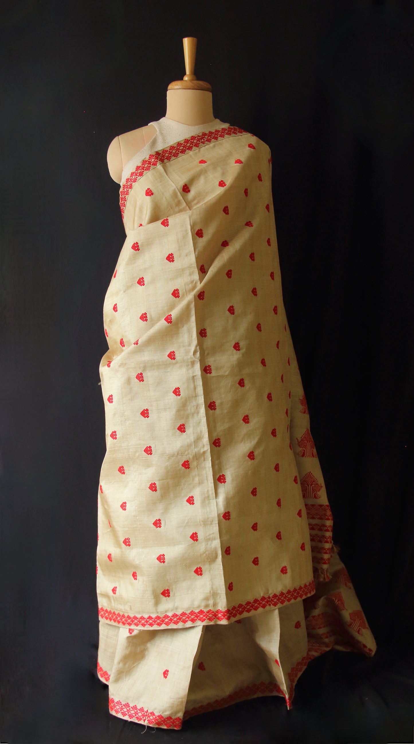 Muga Silk Saree in classic red motifs from Assam , India