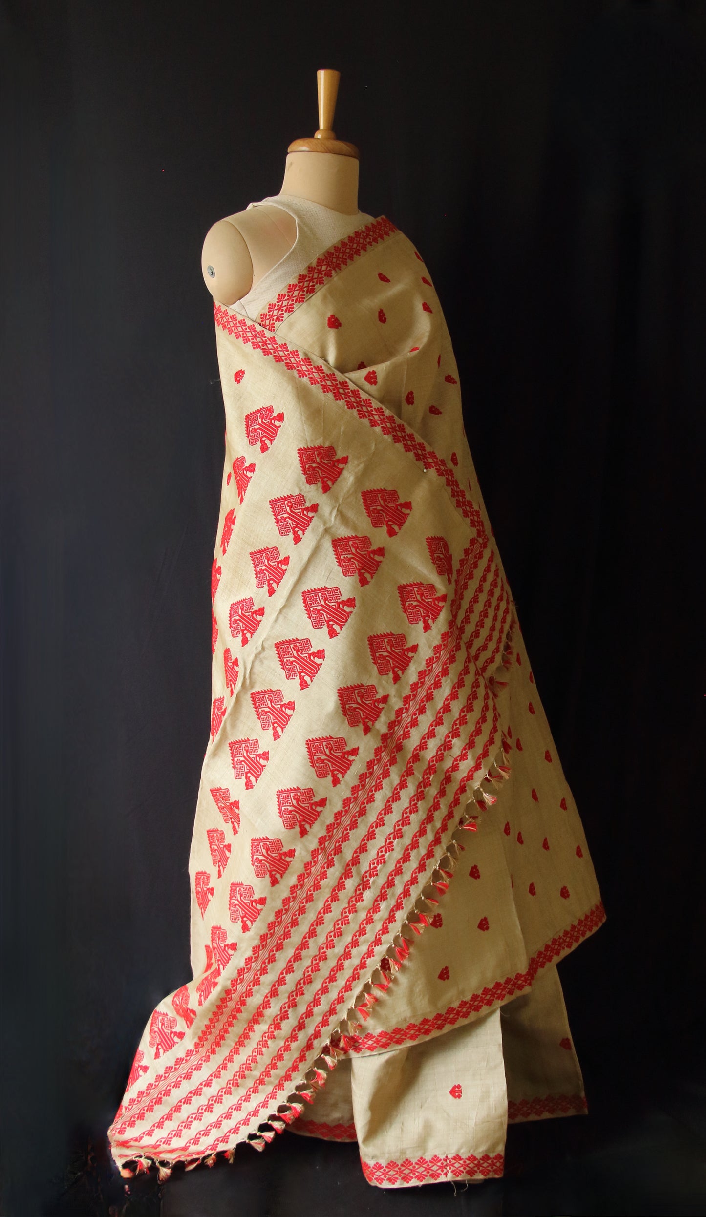 Muga Silk Saree in classic red motifs from Assam , India