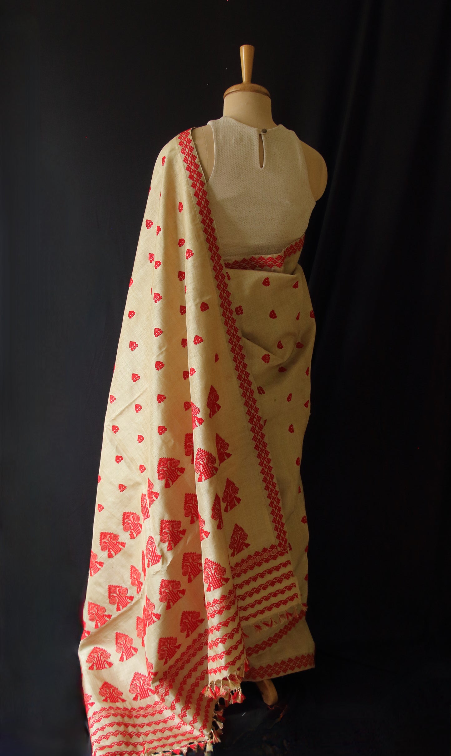Muga Silk Saree in classic red motifs from Assam , India