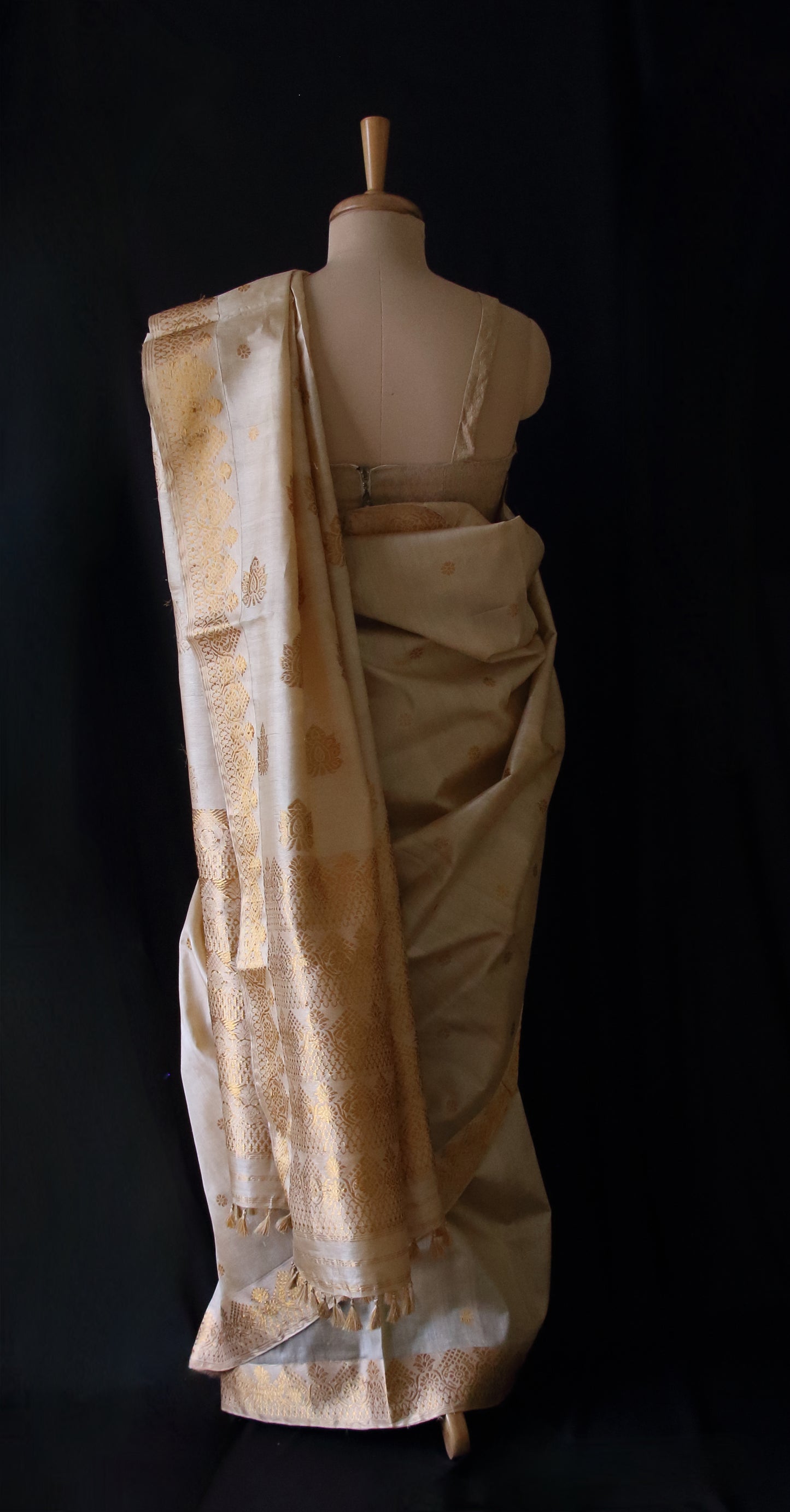 Handloom Tassar Silk Sari with motifs in Golden Zari