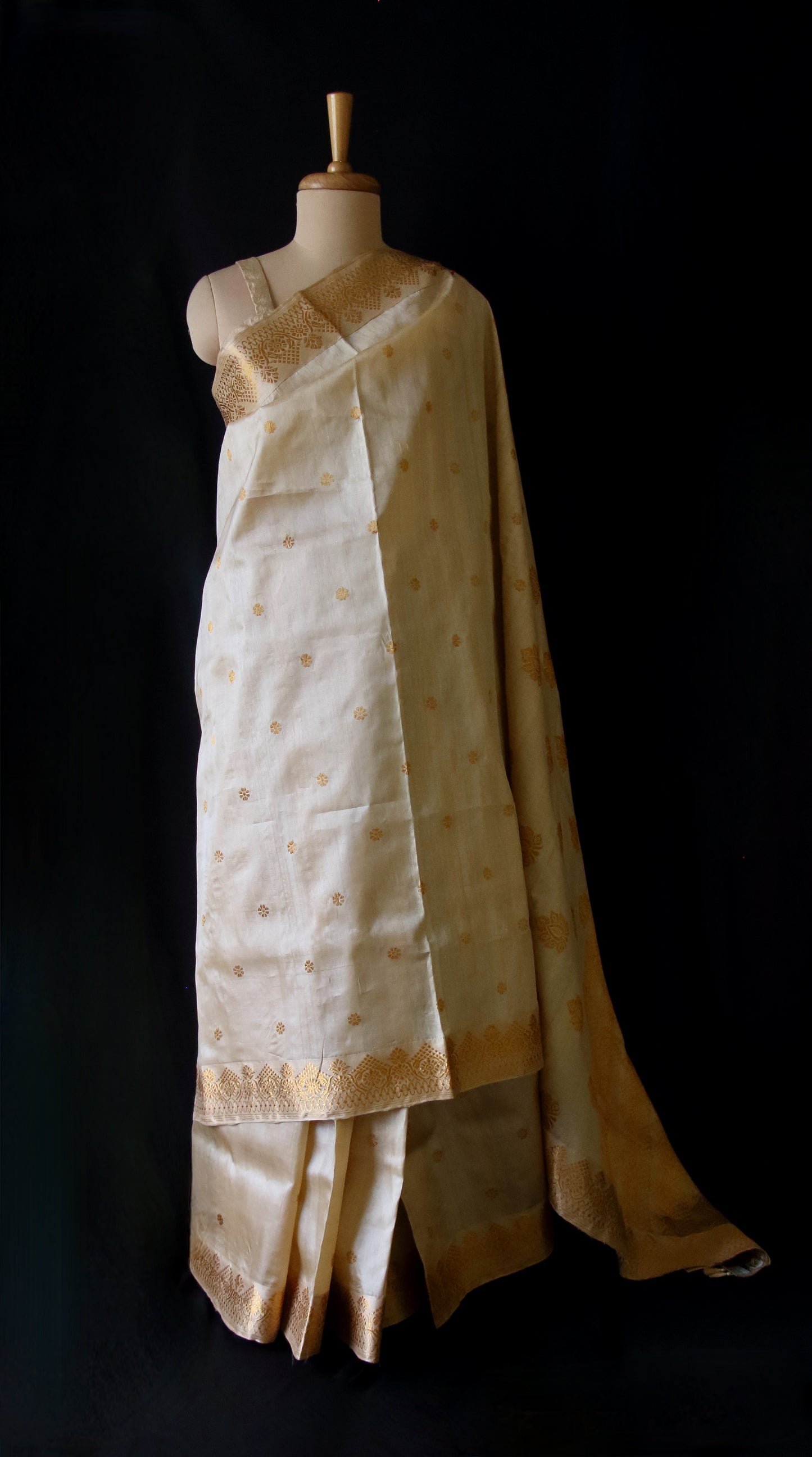 Handloom Tassar Silk Sari with motifs in Golden Zari