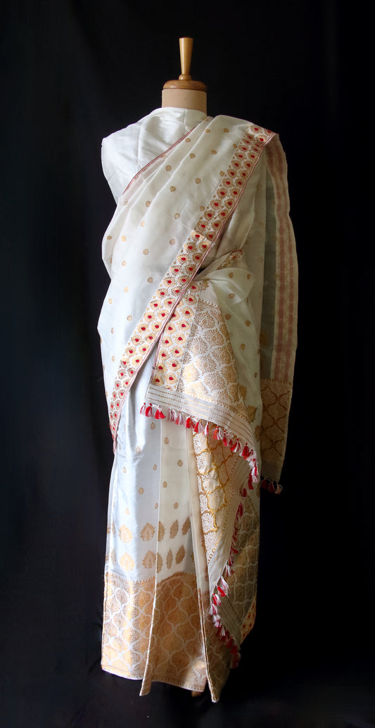 White Bridal Mulberry Silk Mekhla Chador Set