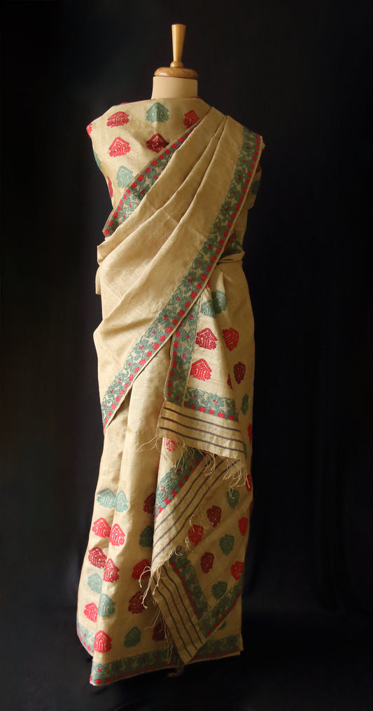 Muga Silk Mekhela Chador Set with Eri Silk Motifs- Made to order