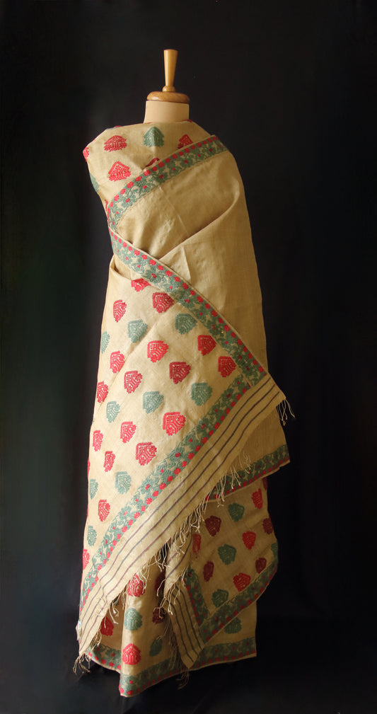 Muga Silk Mekhela Chador Set with Eri Silk Motifs- Made to order