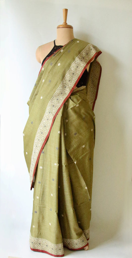 Natural Dyed Green Handloom Eri Silk Sari from Assam