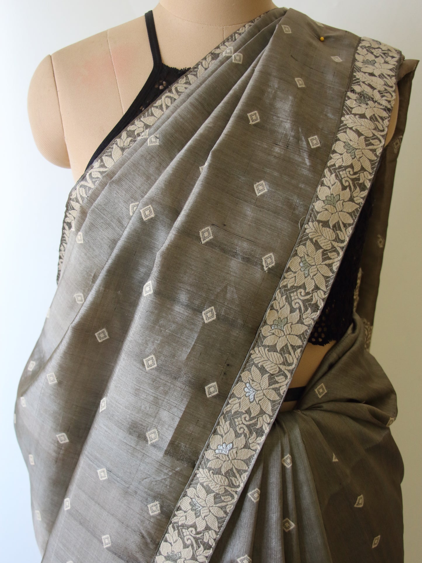 Dull Green Grey Colour Handloom Silk Saree from Assam -Made to Order