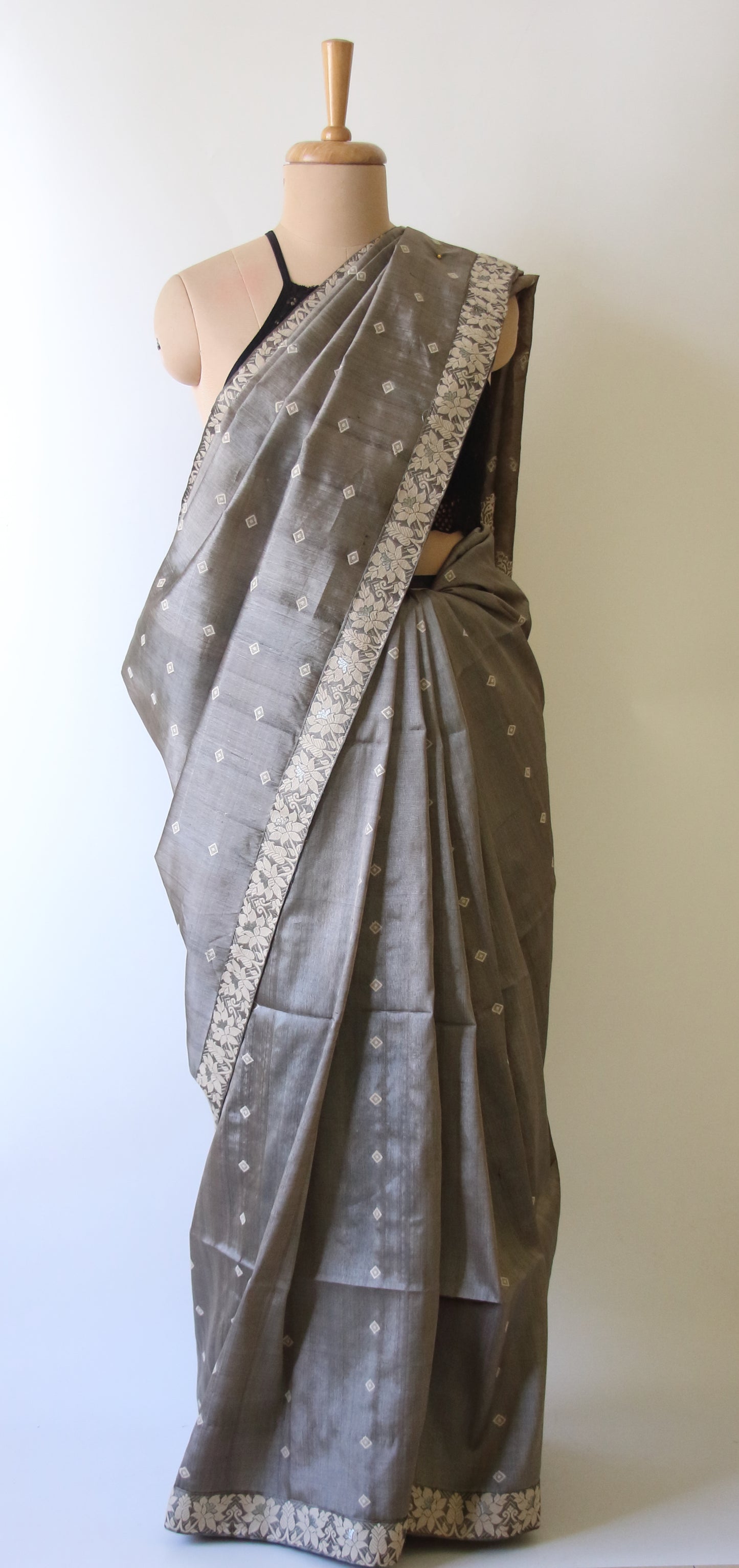 Dull Green Grey Colour Handloom Silk Saree from Assam -Made to Order