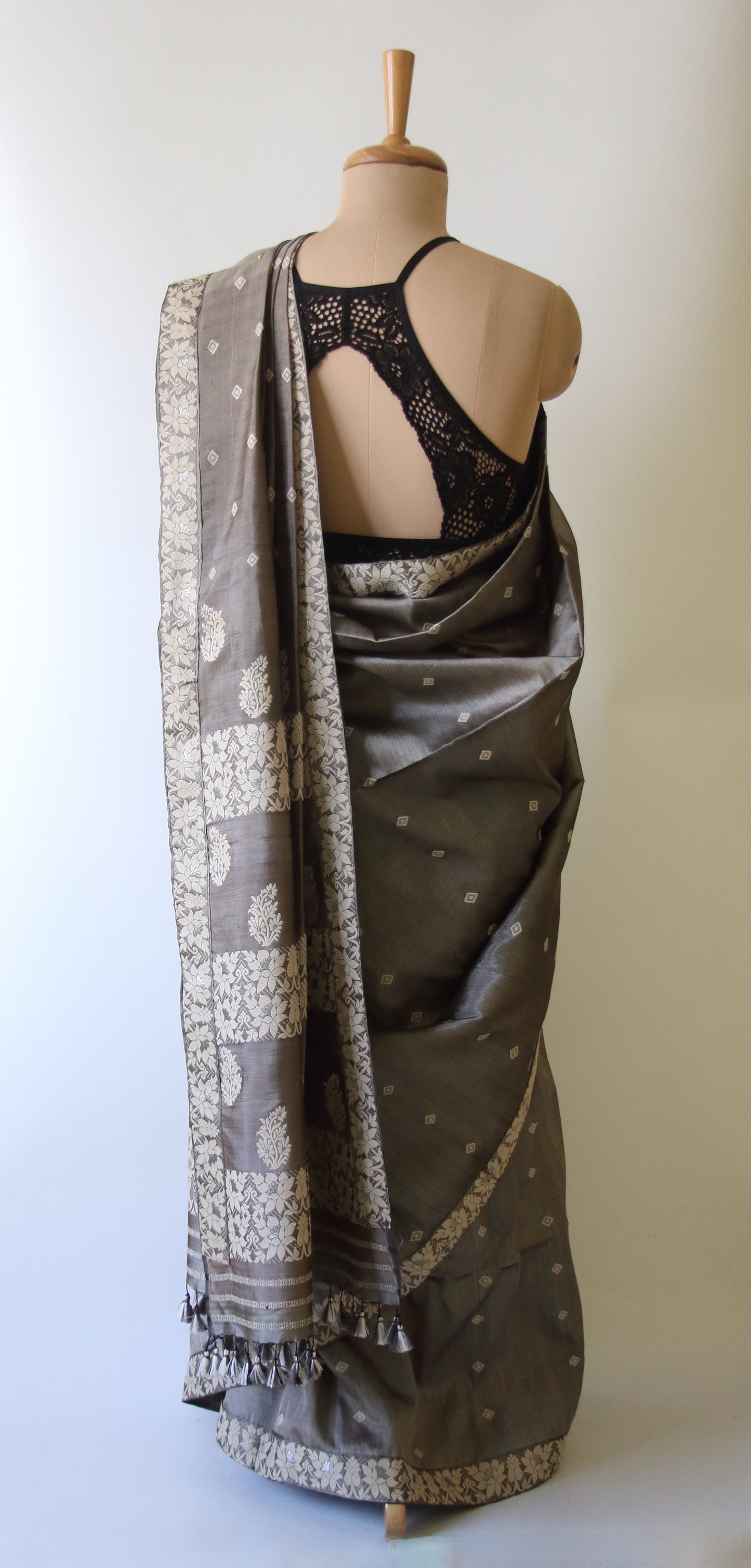 Dull Green Grey Colour Handloom Silk Saree from Assam -Made to Order