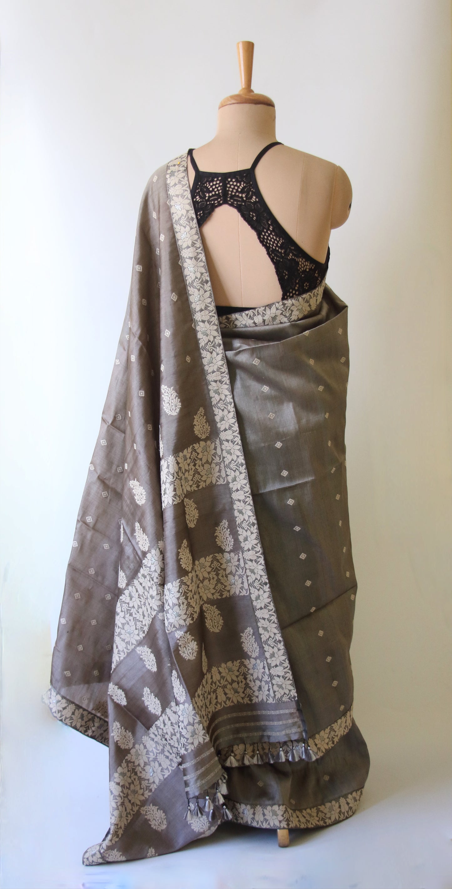 Dull Green Grey Colour Handloom Silk Saree from Assam -Made to Order