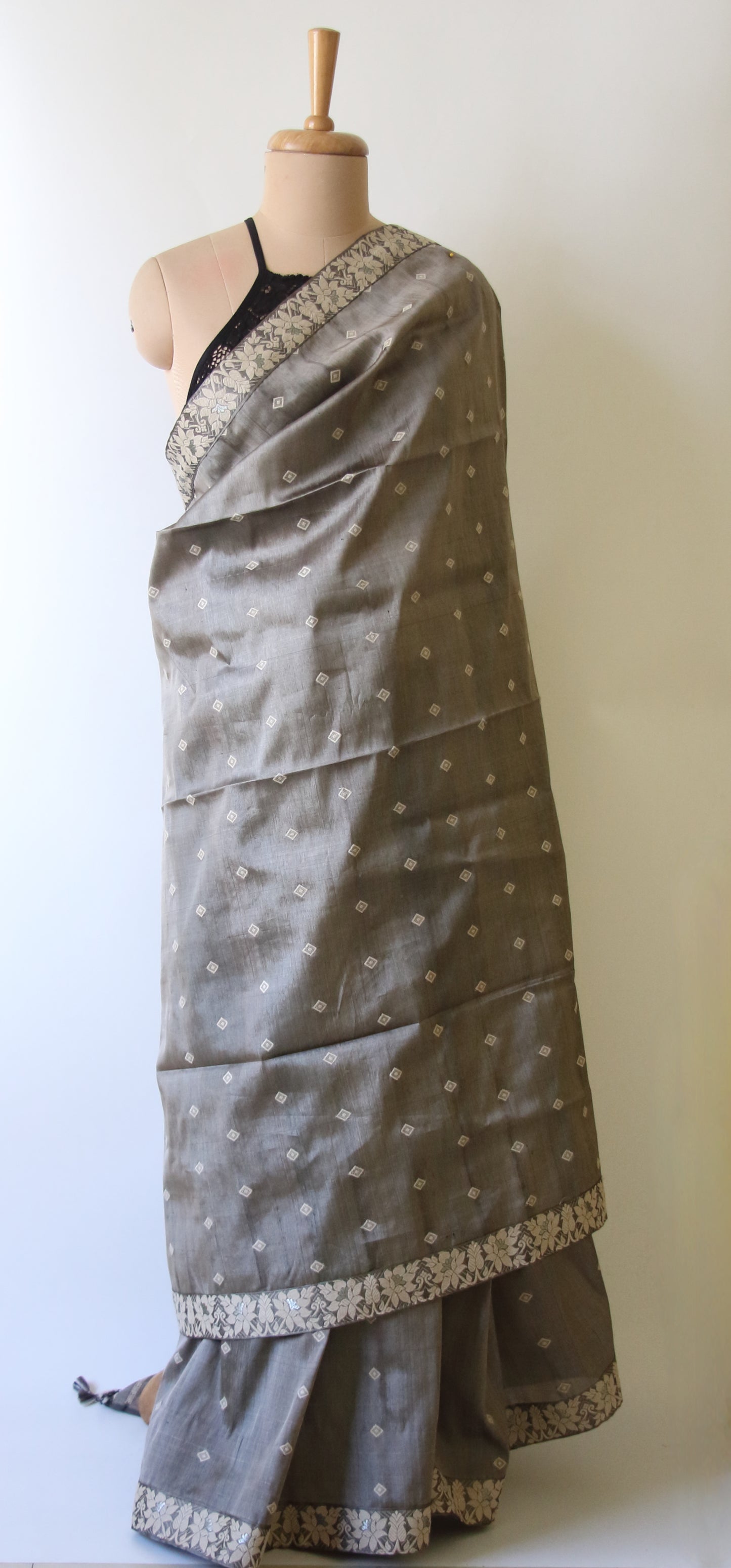 Dull Green Grey Colour Handloom Silk Saree from Assam -Made to Order
