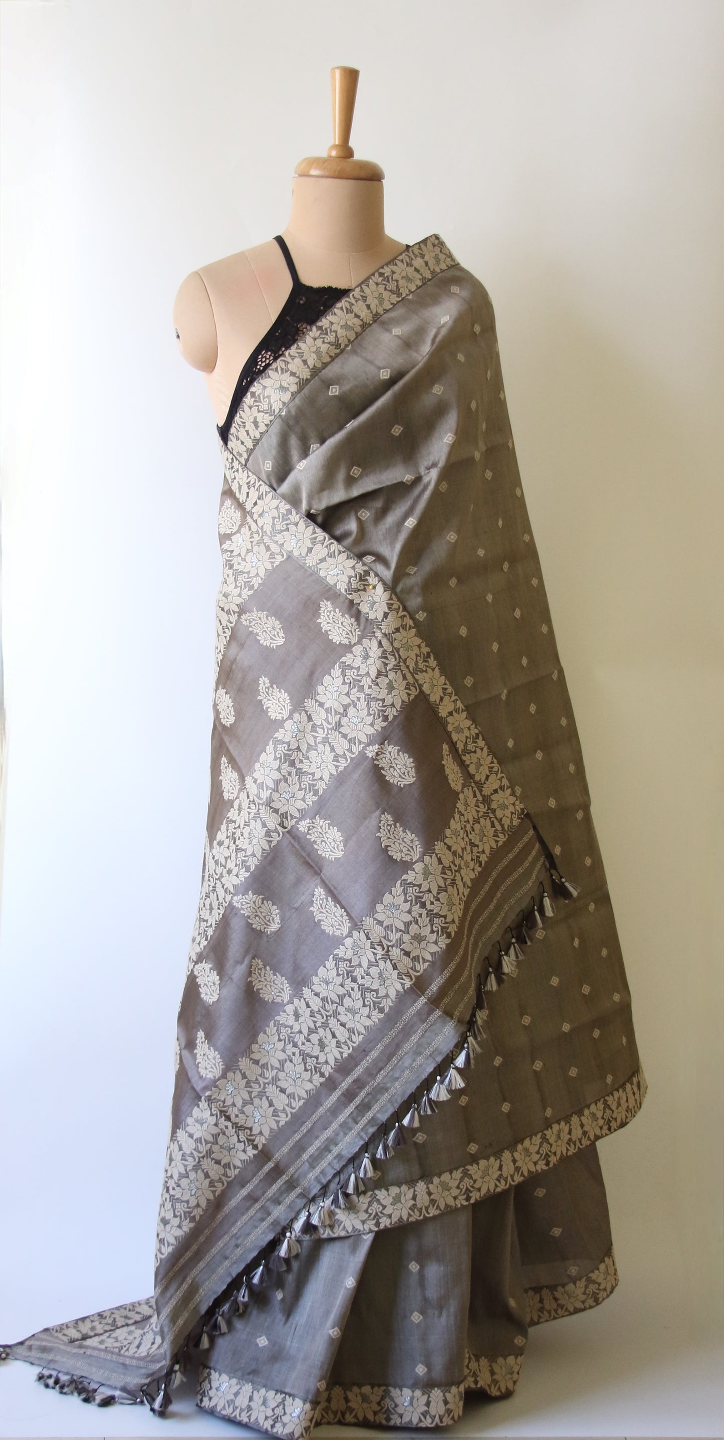 Dull Green Grey Colour Handloom Silk Saree from Assam -Made to Order