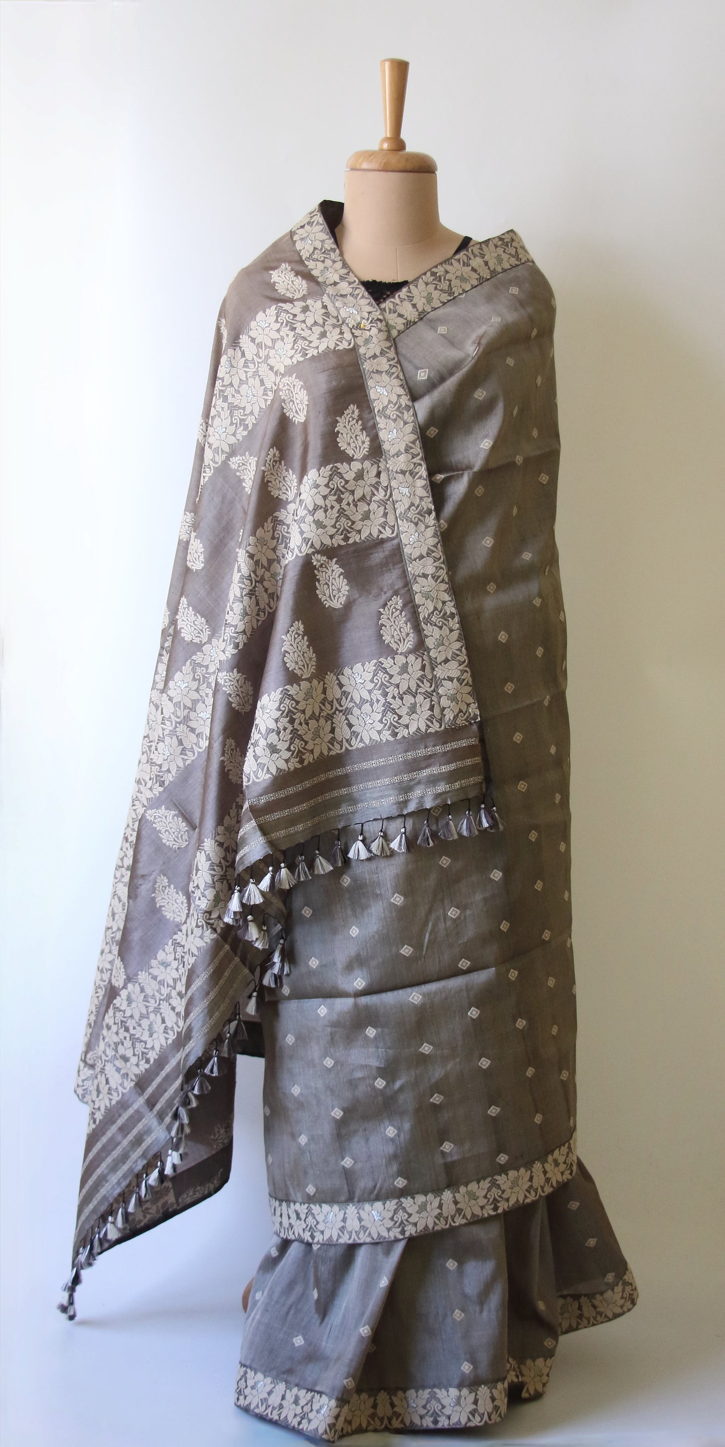 Dull Green Grey Colour Handloom Silk Saree from Assam -Made to Order