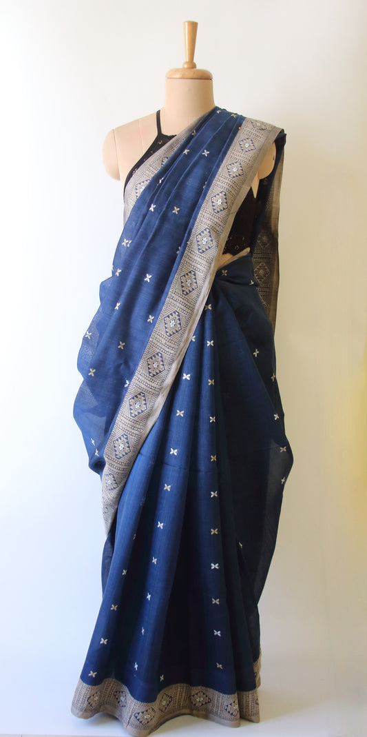 Indigo Natural Dyed  Handloom Silk Organza Saree from Assam