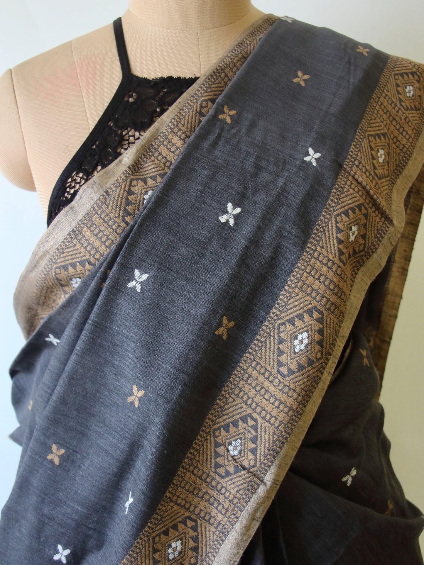 Natural Dark Grey Handloom Eri Silk / Mulberry Silk Sari from Assam