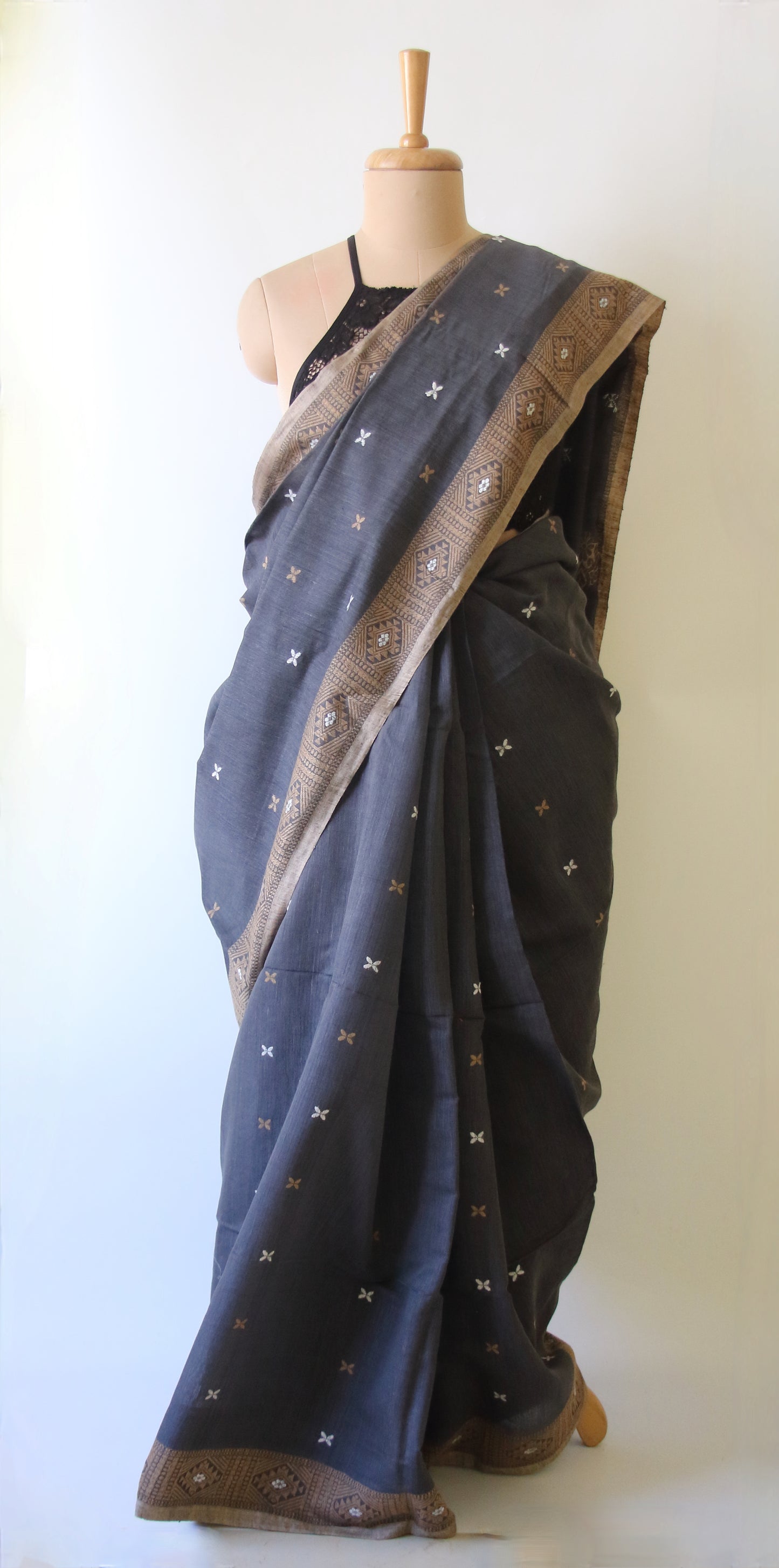 Natural Dark Grey Handloom Eri Silk / Mulberry Silk Sari from Assam