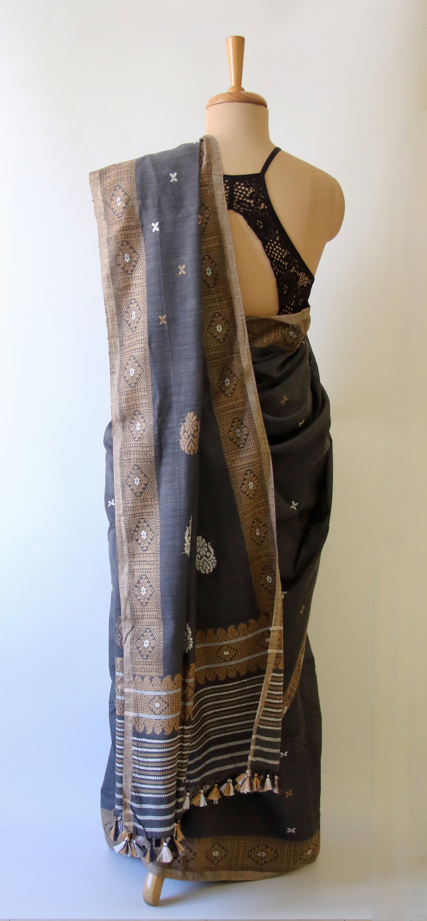 Natural Dark Grey Handloom Eri Silk / Mulberry Silk Sari from Assam