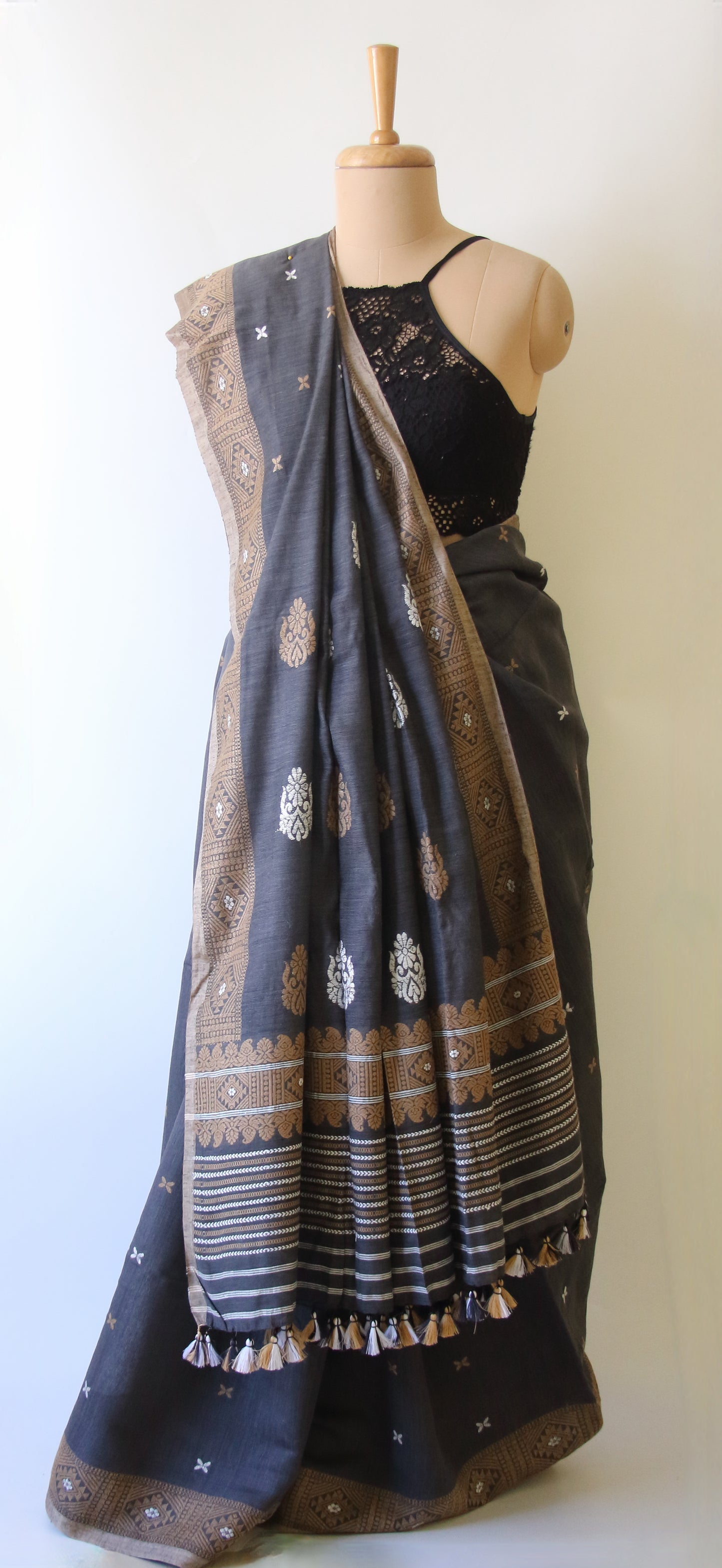 Natural Dark Grey Handloom Eri Silk / Mulberry Silk Sari from Assam